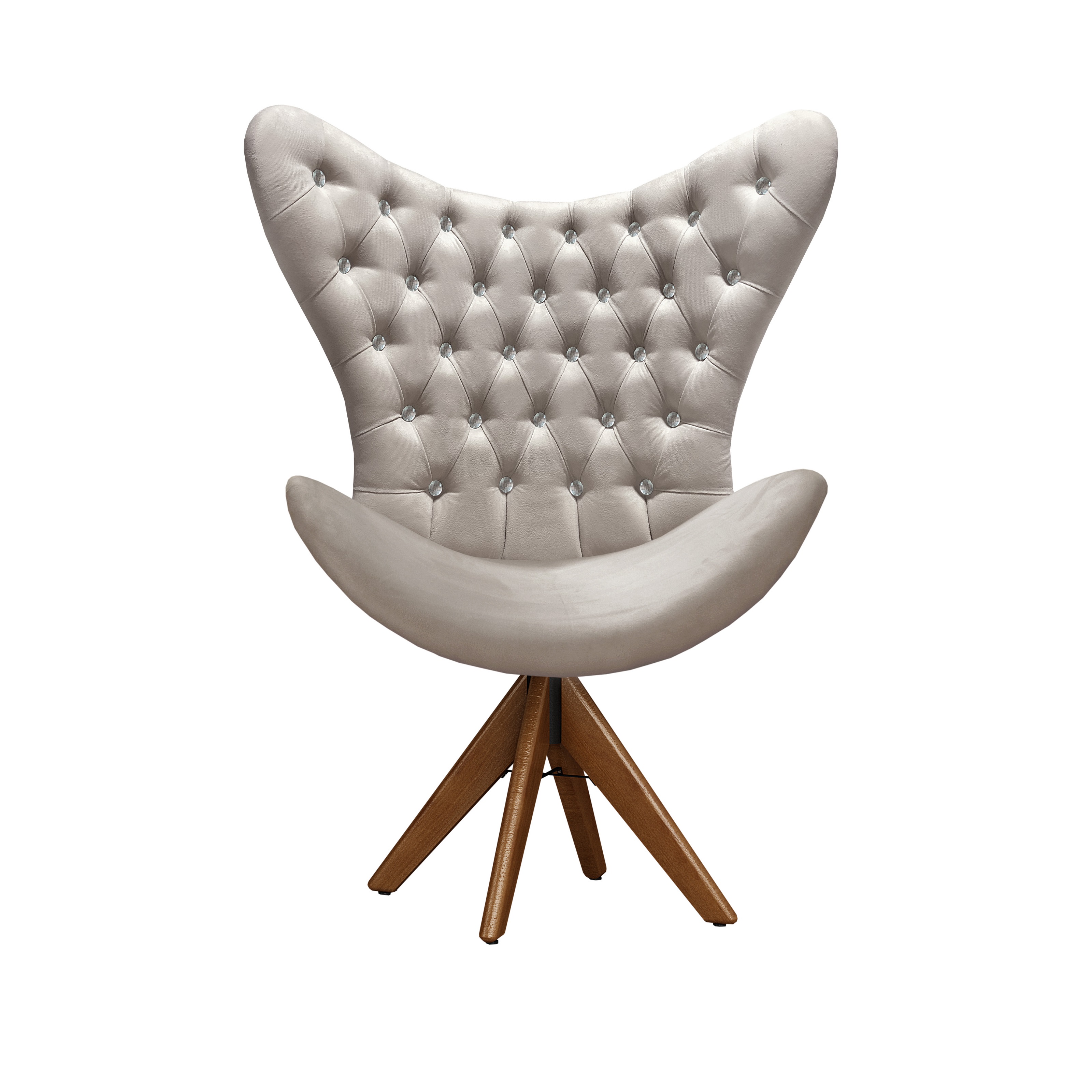 Poltrona Decorativa Egg Com Capitonê Strass Pé Giratório De Madeira - Suede Bege Claro