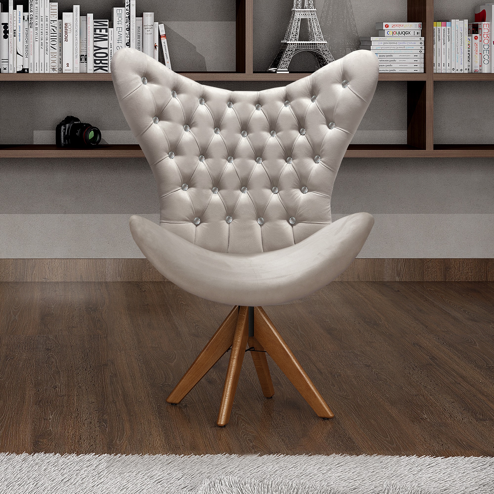 Poltrona Decorativa Egg Com Capitonê Strass Pé Giratório De Madeira - Suede Bege Claro