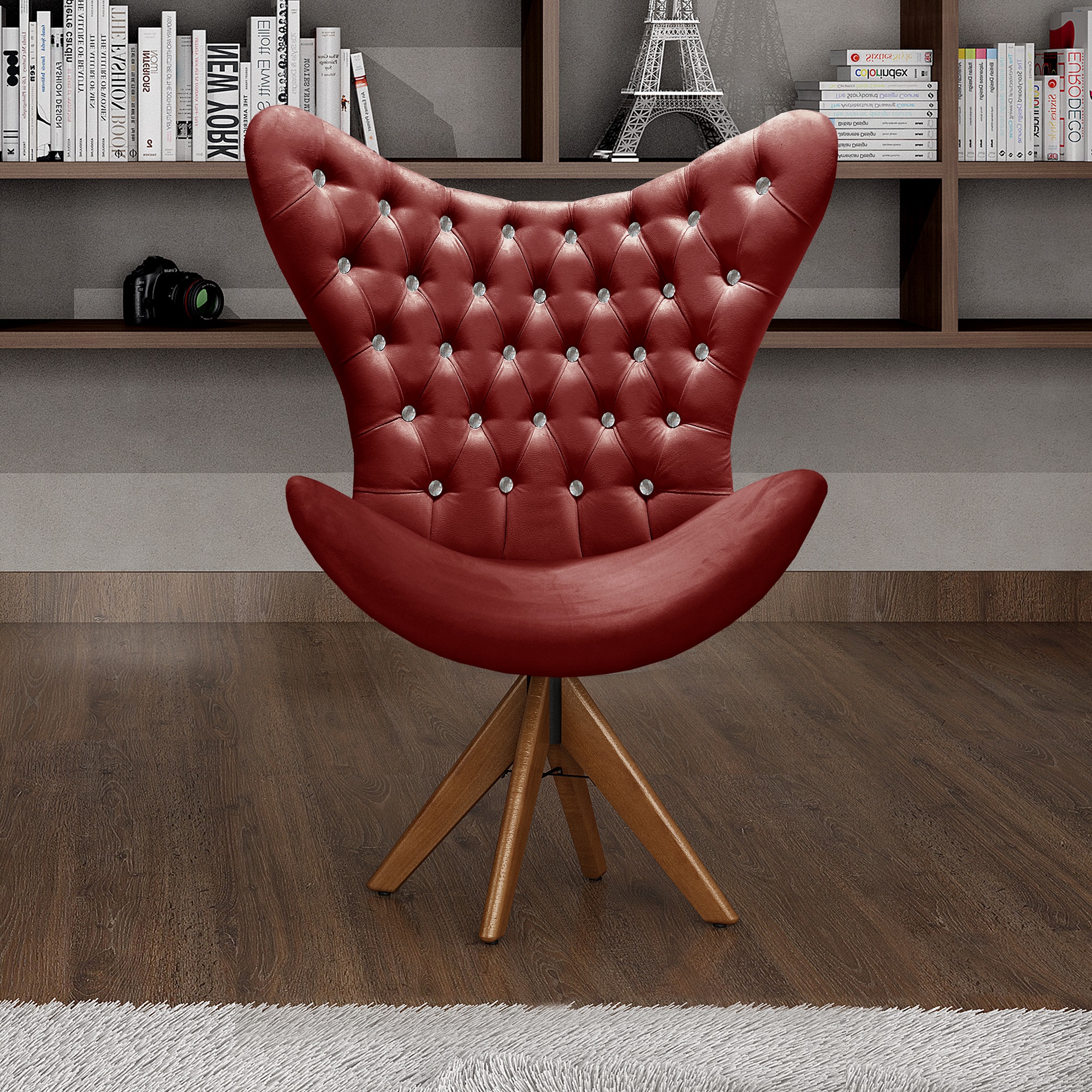 Poltrona Decorativa Egg Com Capitonê Strass Pé Giratório De Madeira - Suede Bordô