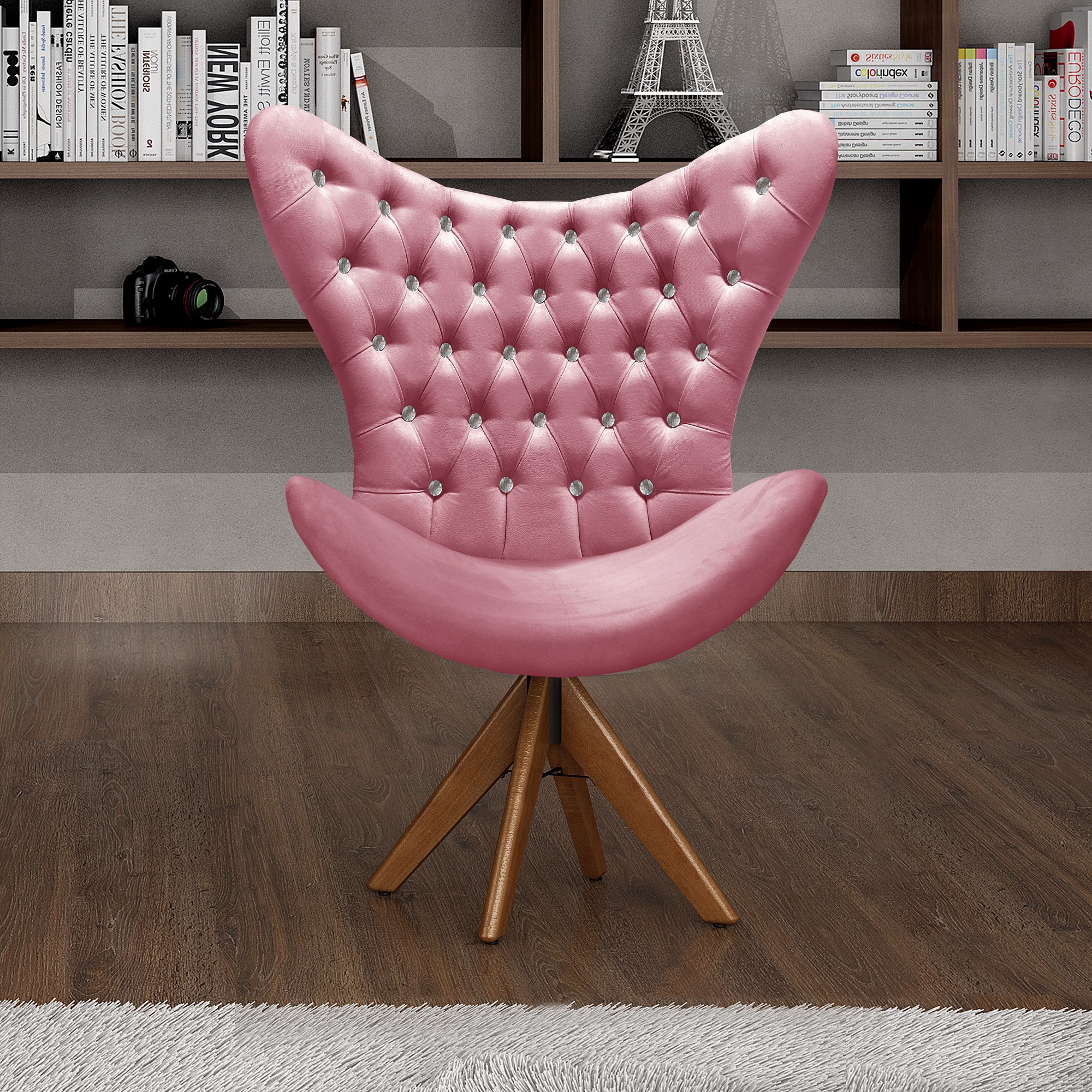 Poltrona Decorativa Egg Com Capitonê Strass Pé Giratório De Madeira - Suede Rosa