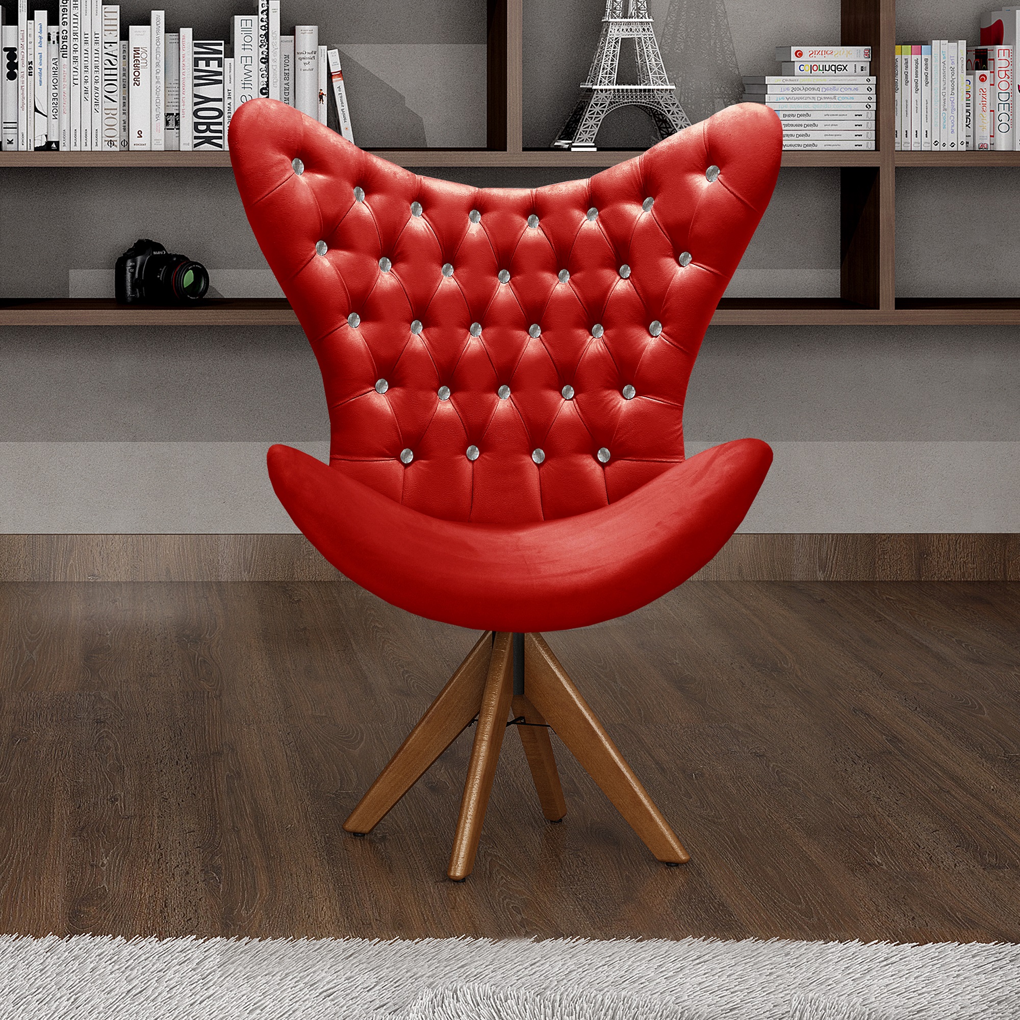 Poltrona Decorativa Egg Com Capitonê Strass Pé Giratório De Madeira - Suede Vermelho