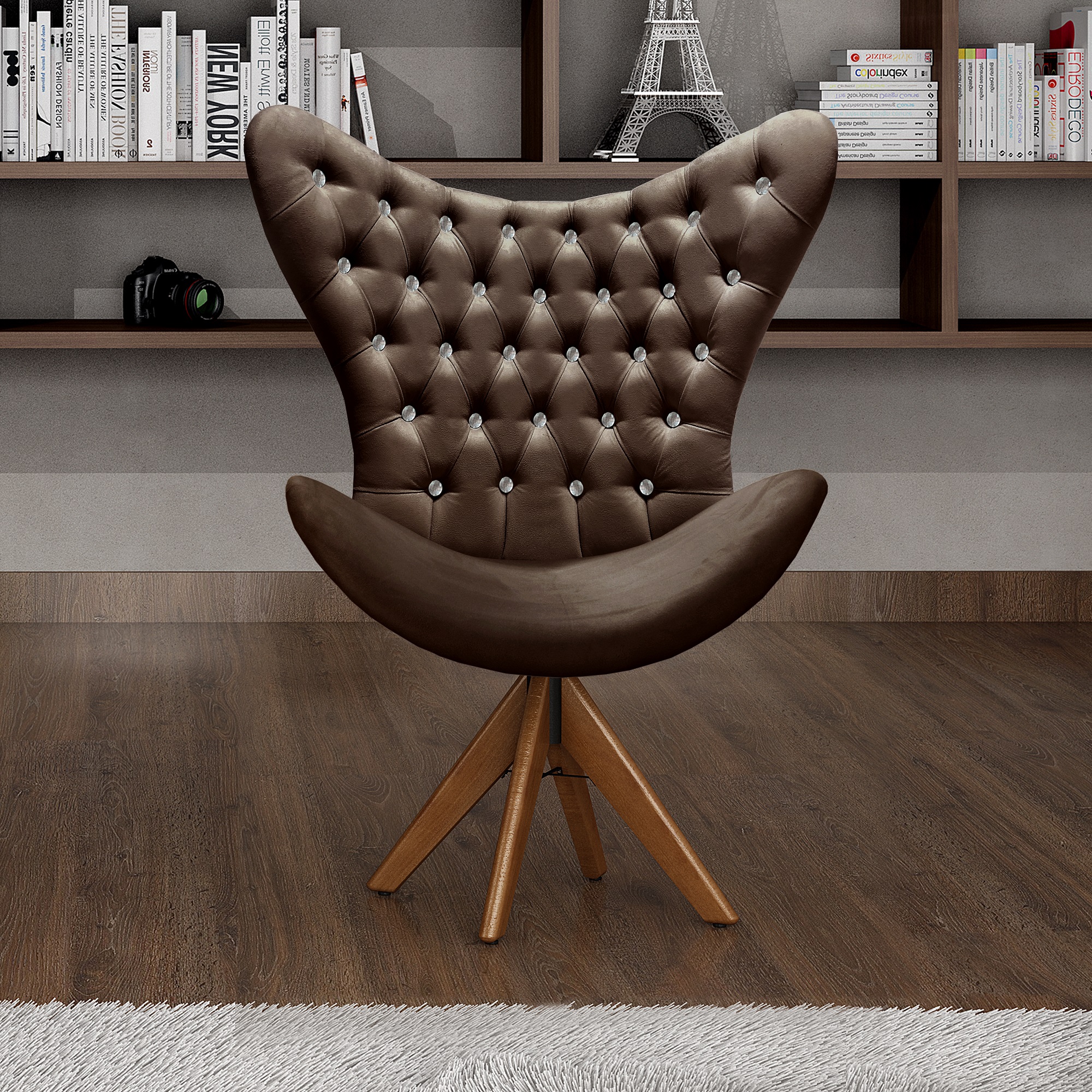 Poltrona Decorativa Egg Com Capitonê Strass Pé Giratório De Madeira - Veludo Marrom
