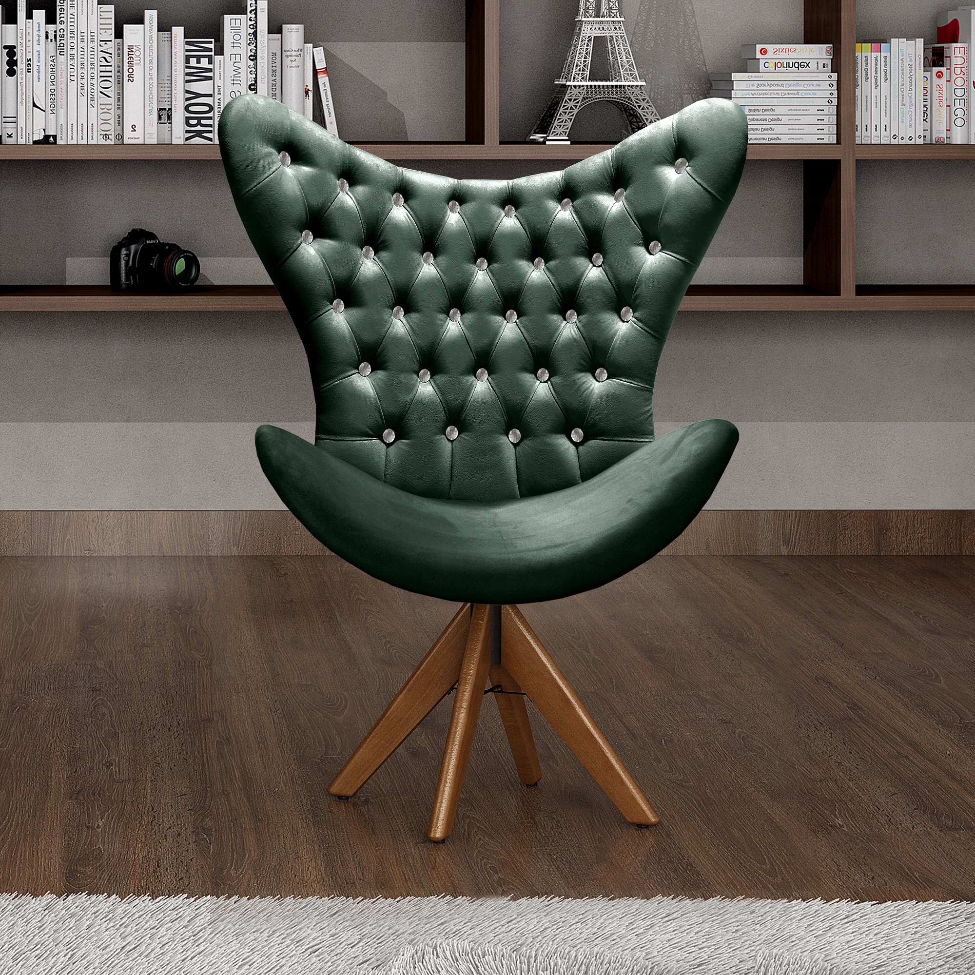 Poltrona Decorativa Egg Com Capitonê Strass Pé Giratório De Madeira - Veludo Verde