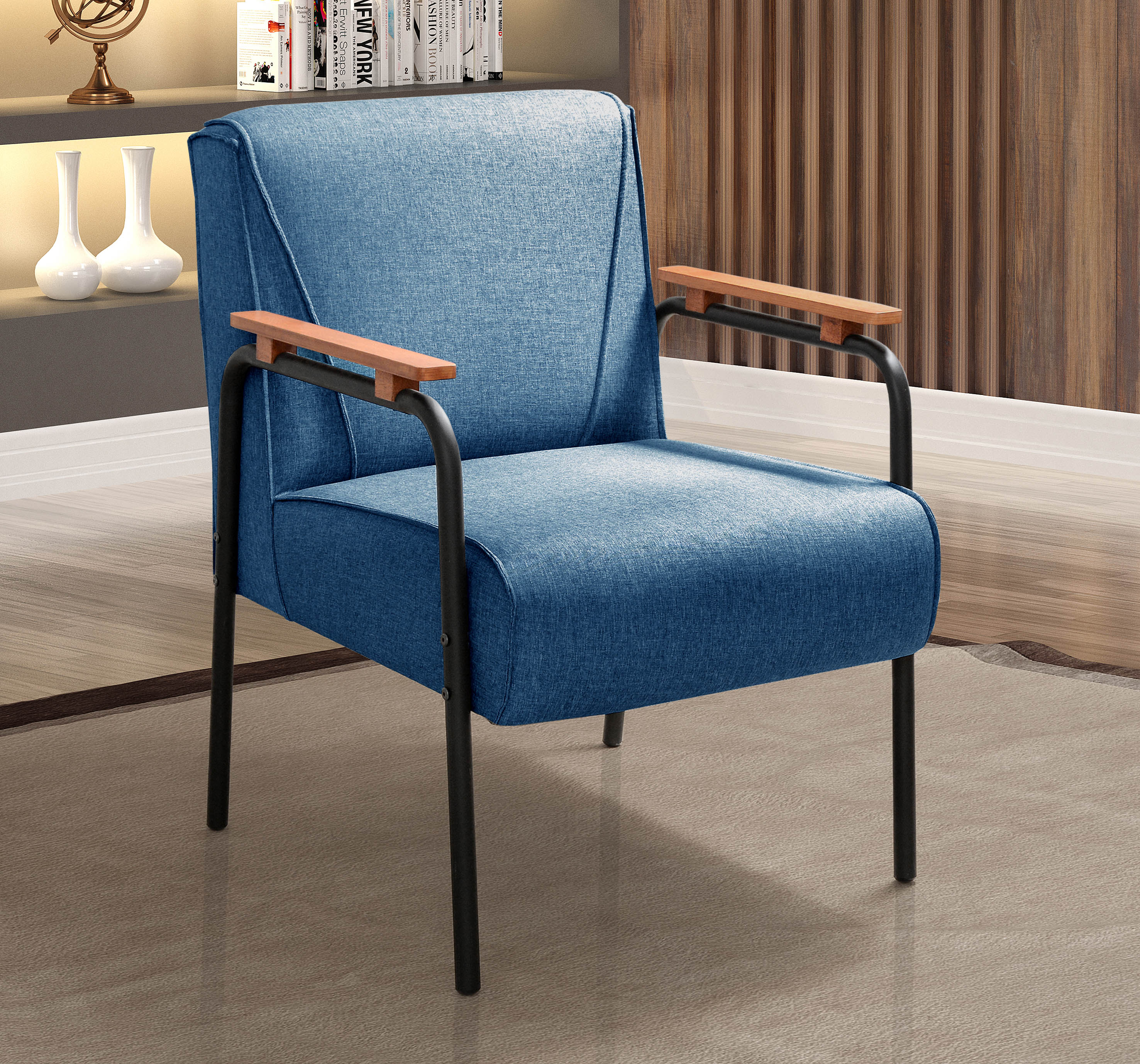 Poltrona Decorativa Jade Braço Fixo Preto - Linho Azul