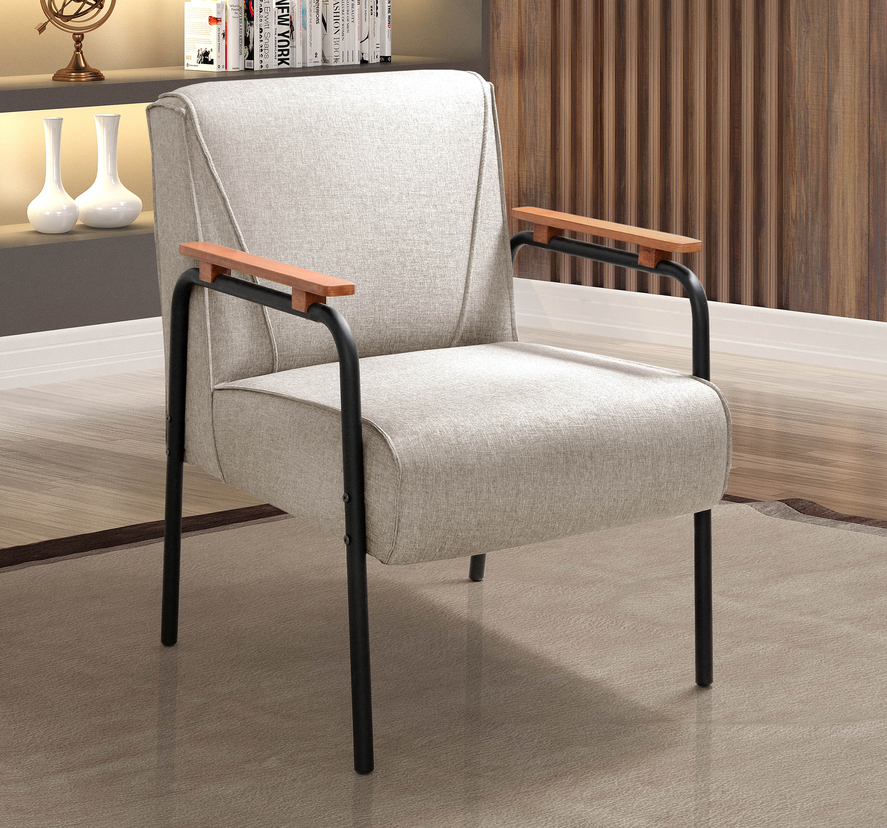 Poltrona Decorativa Jade Braço Fixo Preto - Linho Bege