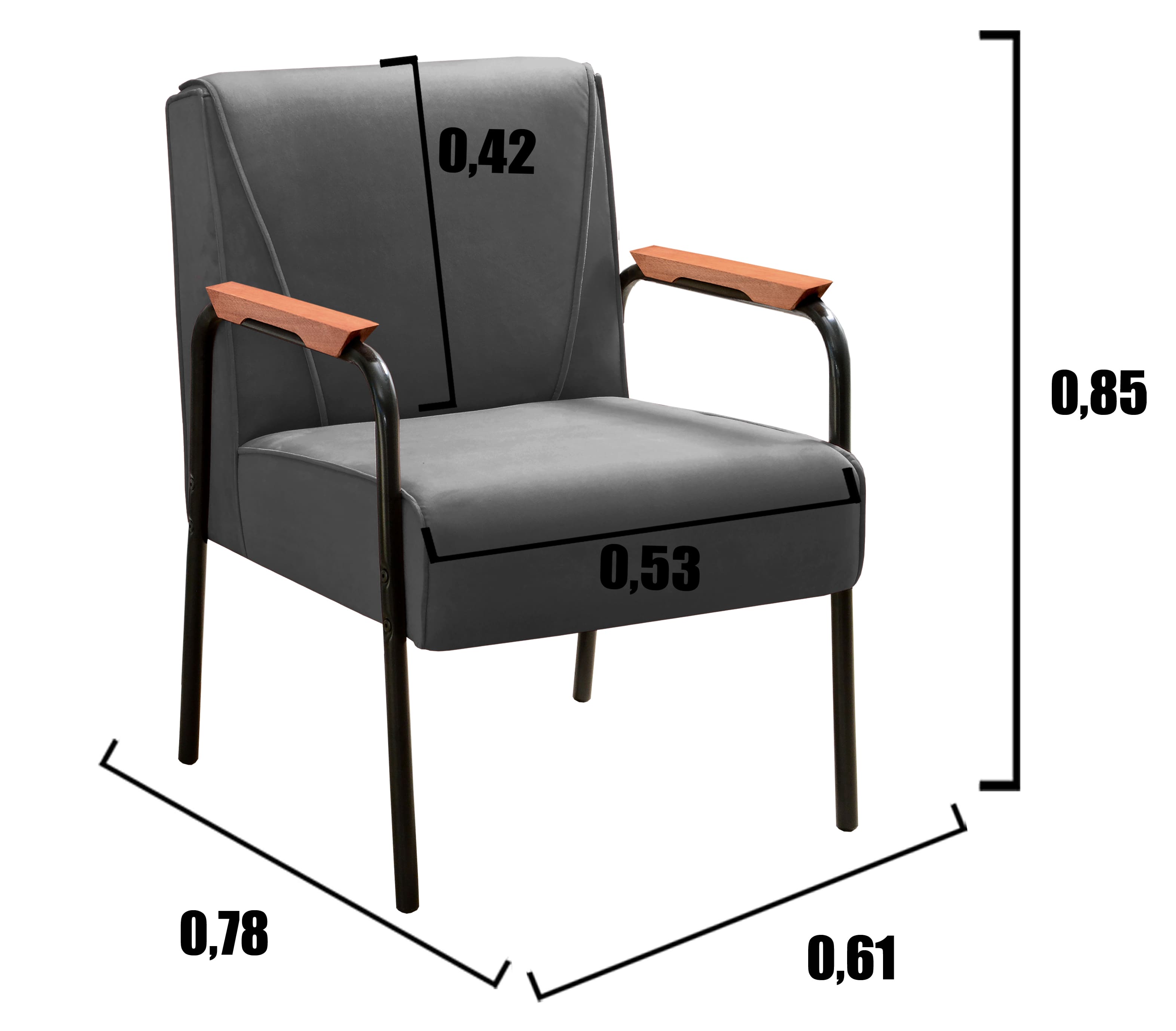 Poltrona Decorativa Jade Braço Fixo Preto - Suede Cinza
