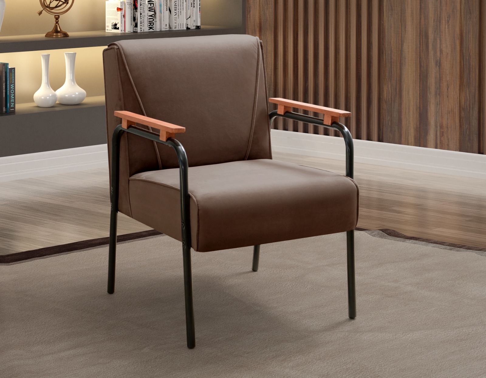 Poltrona Decorativa Jade Braço Fixo Preto - Veludo Marrom
