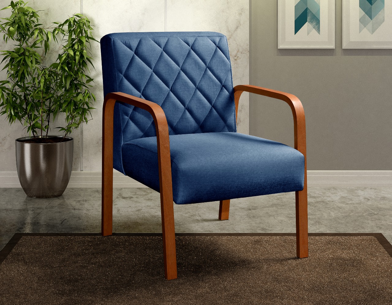 Poltrona Decorativa Lara Braço Madeira - Linho Azul