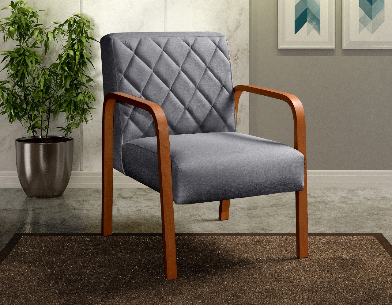 Poltrona Decorativa Lara Braço Madeira - Linho Cinza