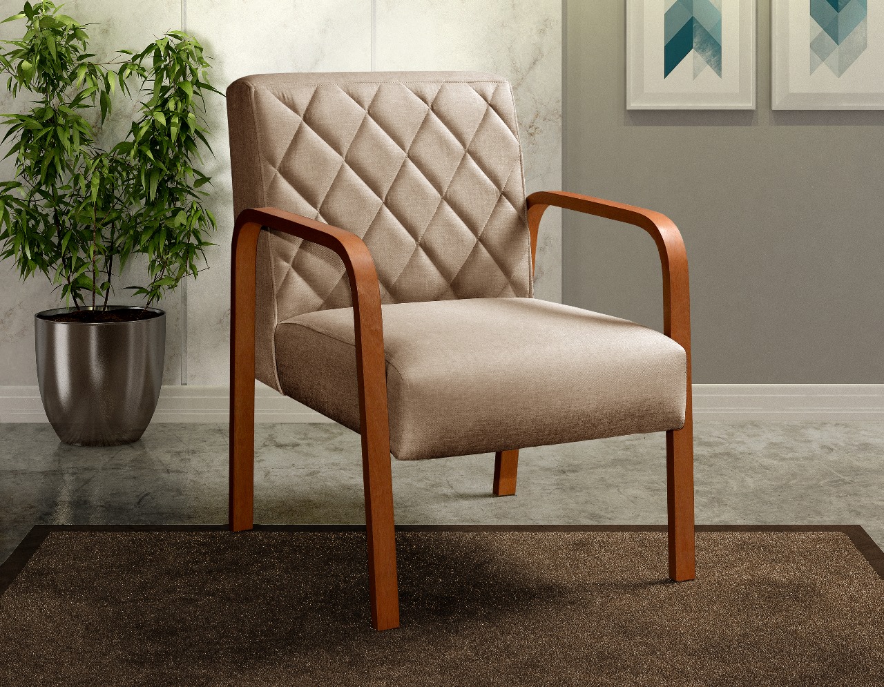 Poltrona Decorativa Lara Braço Madeira - Linho Marrom