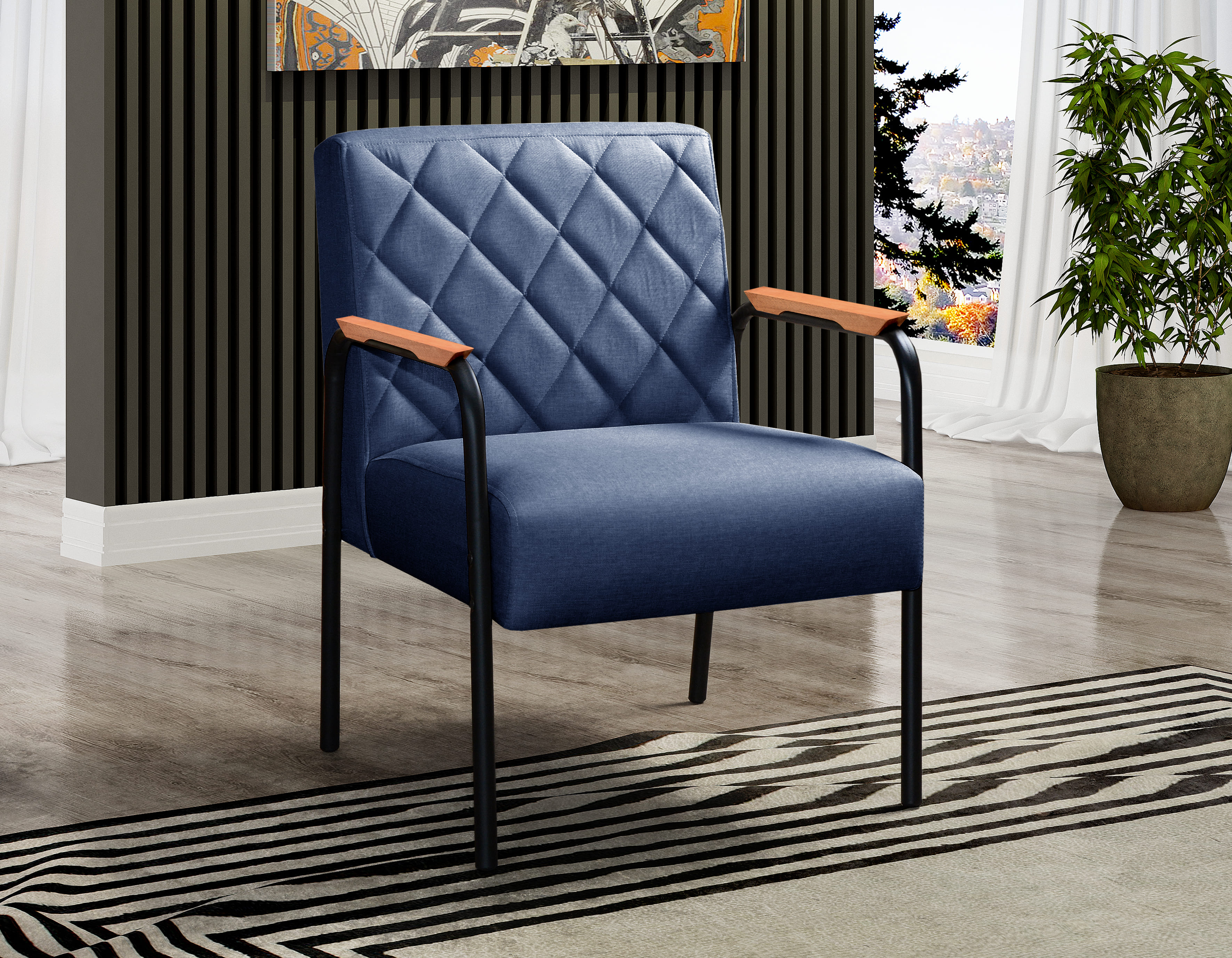 Poltrona Decorativa Ludmilla Braço Fixo Preto - Linho Azul