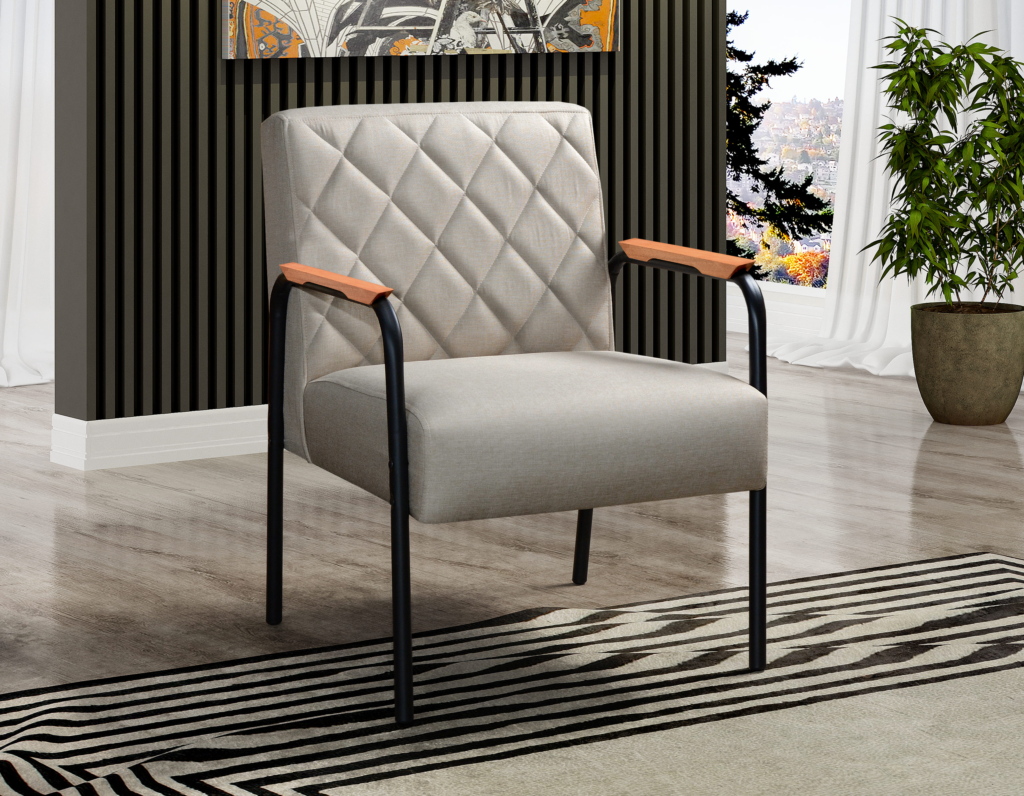 Poltrona Decorativa Ludmilla Braço Fixo Preto - Linho Bege