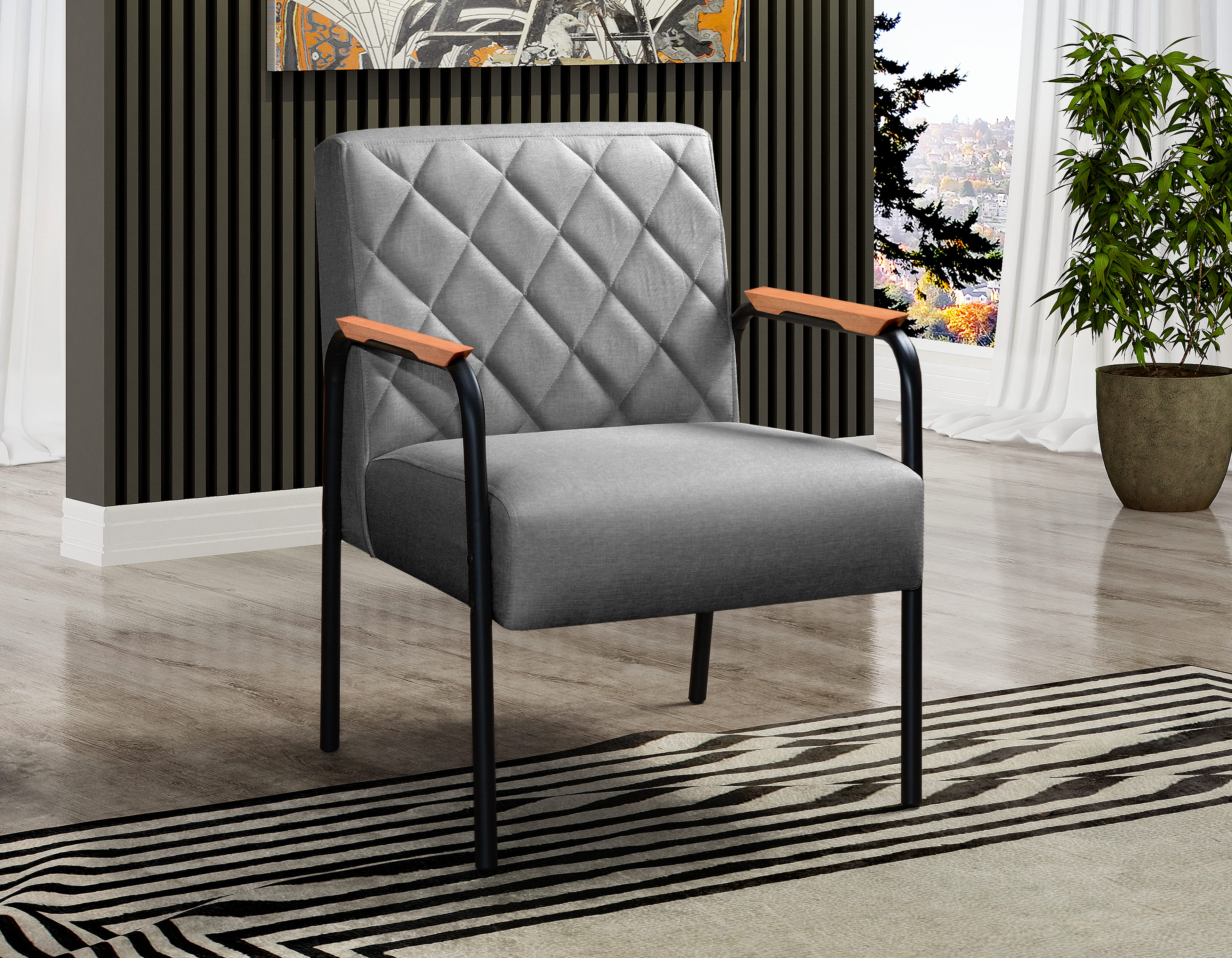 Poltrona Decorativa Ludmilla Braço Fixo Preto - Linho Cinza