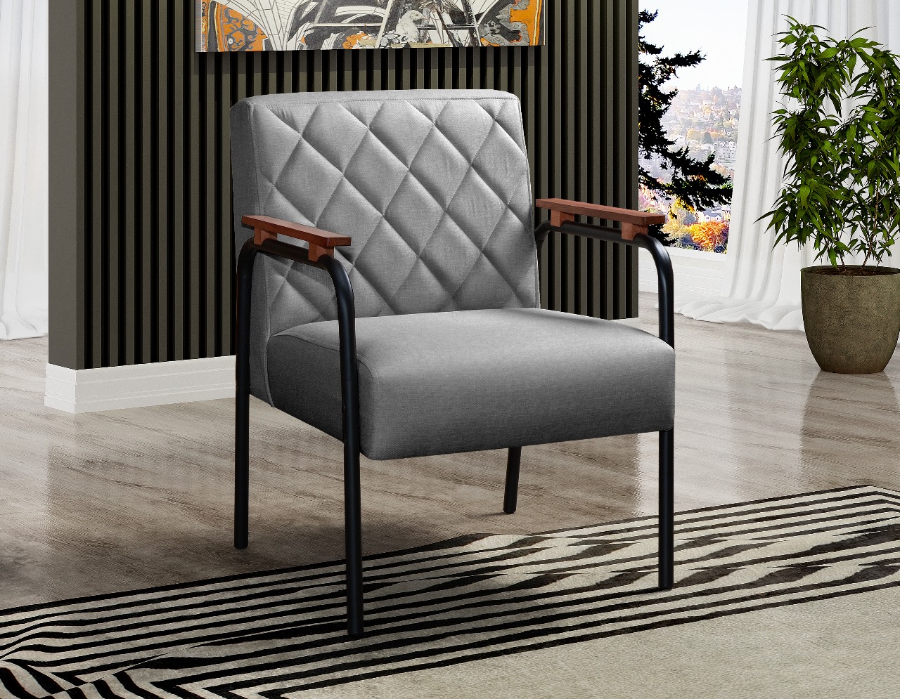 Poltrona Decorativa Ludmilla Braço Fixo Preto - Linho Cinza