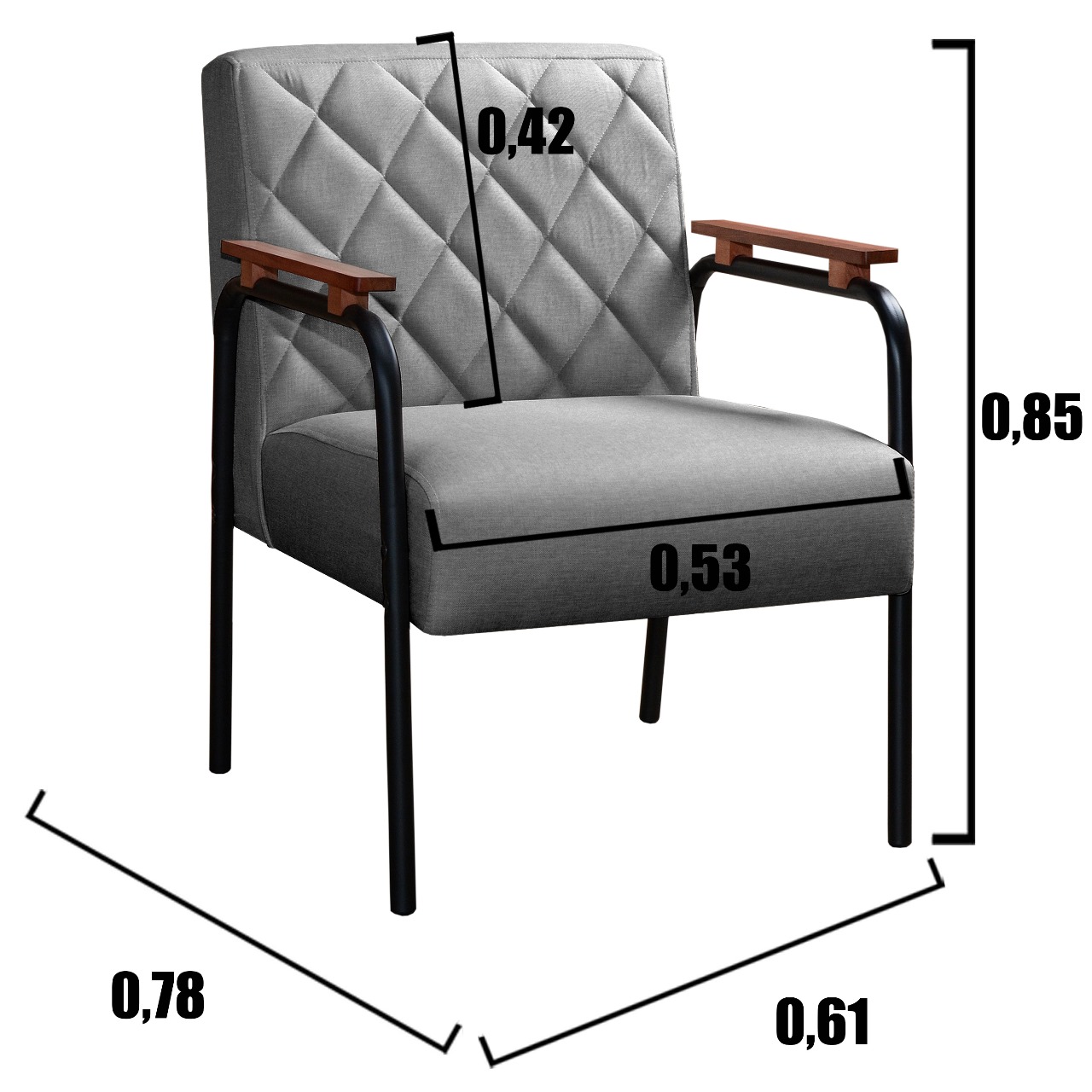 Poltrona Decorativa Ludmilla Braço Fixo Preto - Linho Cinza