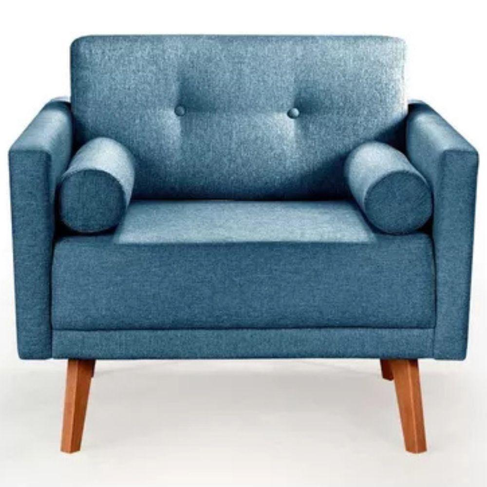 Poltrona Decorativa Luma Linho Azul com Pés em Madeira