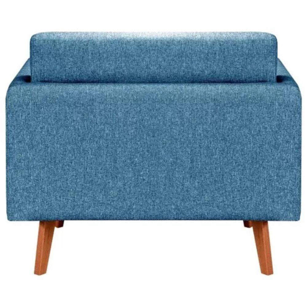 Poltrona Decorativa Luma Linho Azul com Pés em Madeira