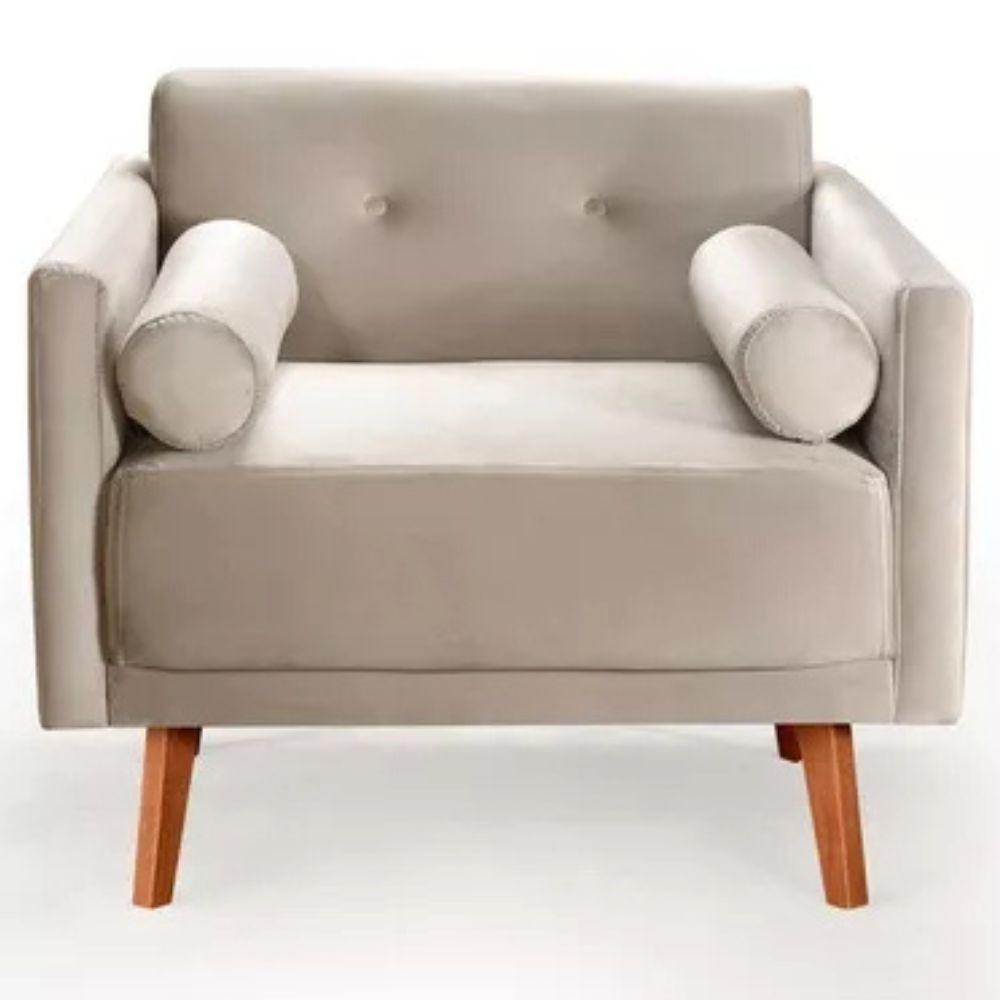 Poltrona Decorativa Luma Suede Bege Claro com Pés em Madeira
