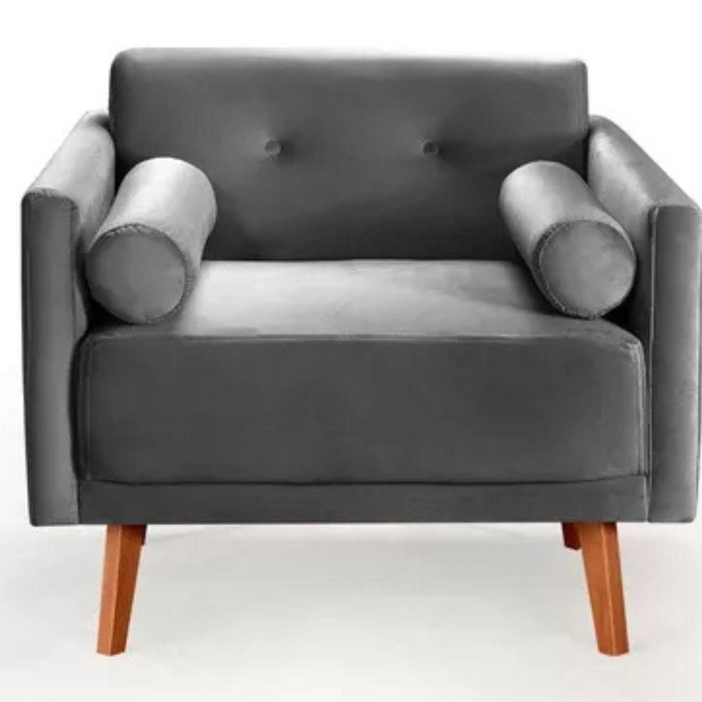 Poltrona Decorativa Luma Suede Cinza Grafite com Pés em Madeira
