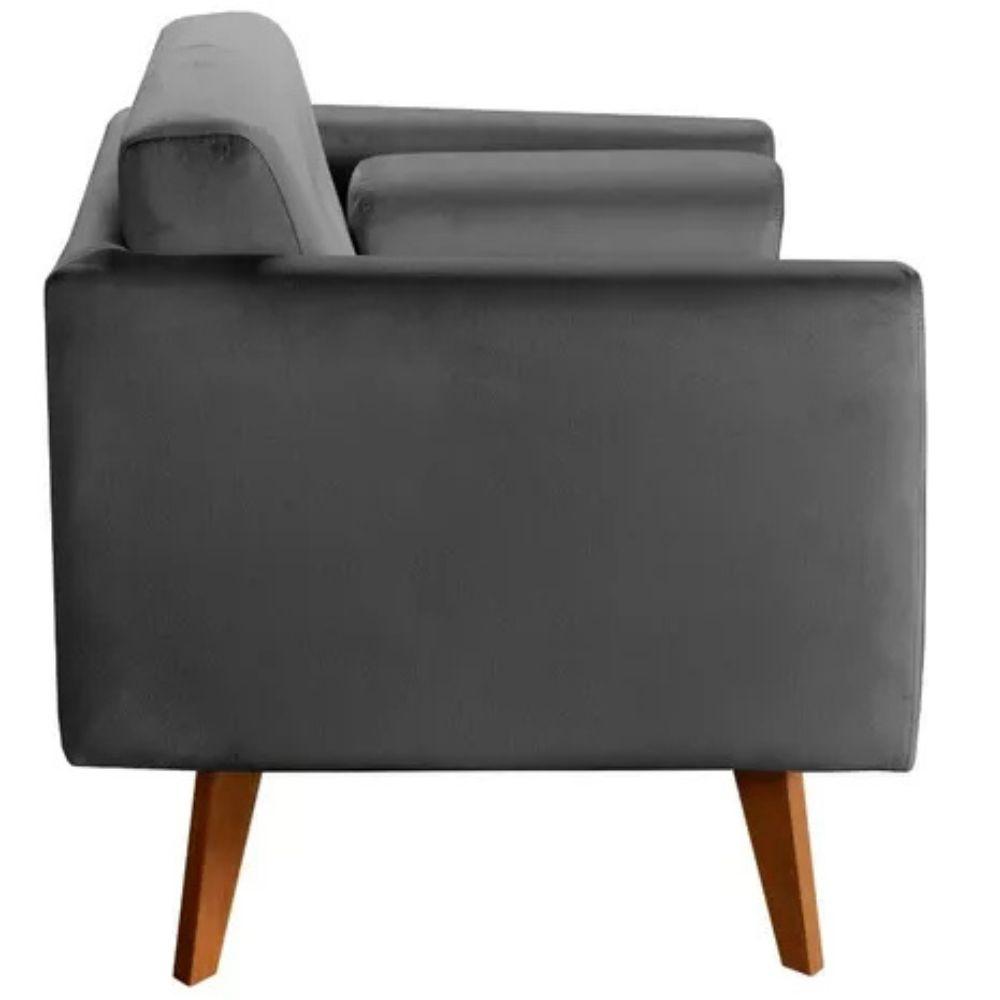 Poltrona Decorativa Luma Suede Cinza Grafite com Pés em Madeira