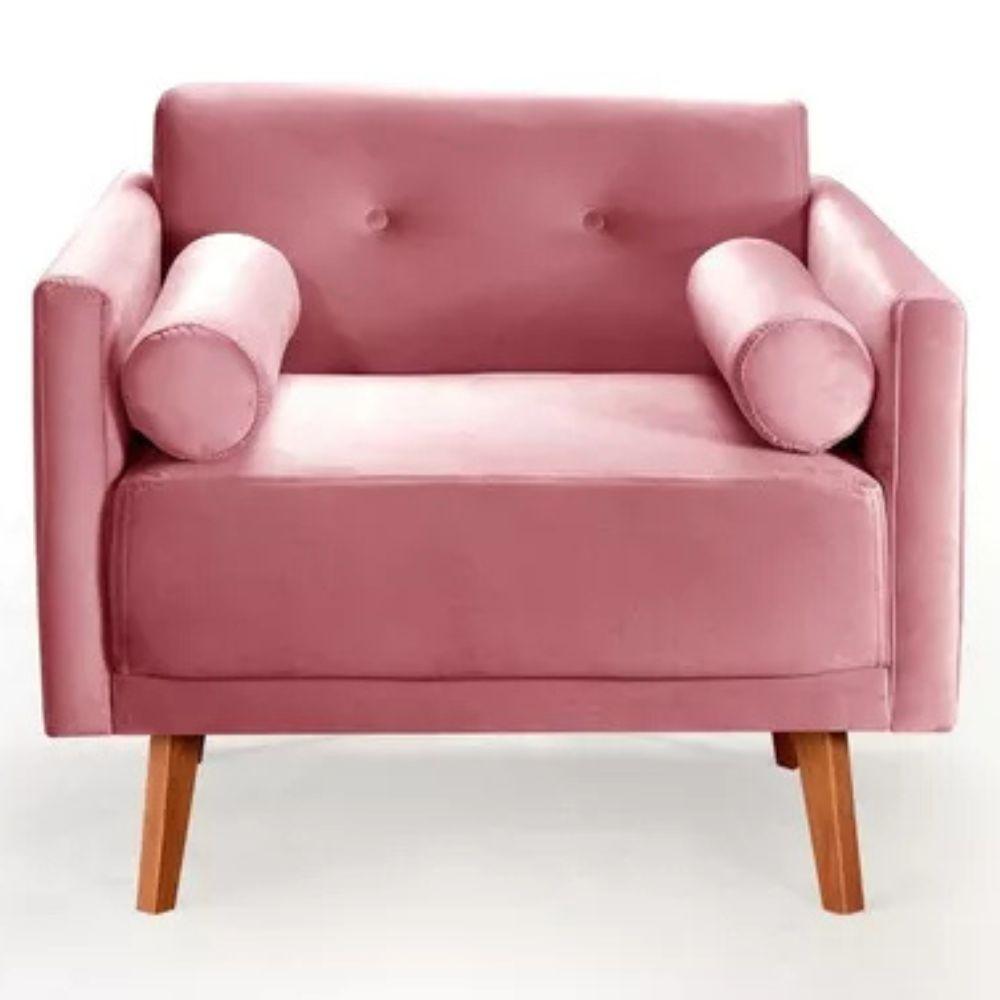 Poltrona Decorativa Luma Suede Rosa com Pés em Madeira