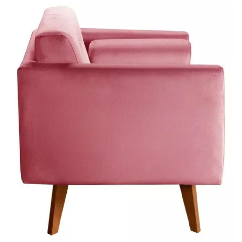 Poltrona Decorativa Luma Suede Rosa com Pés em Madeira