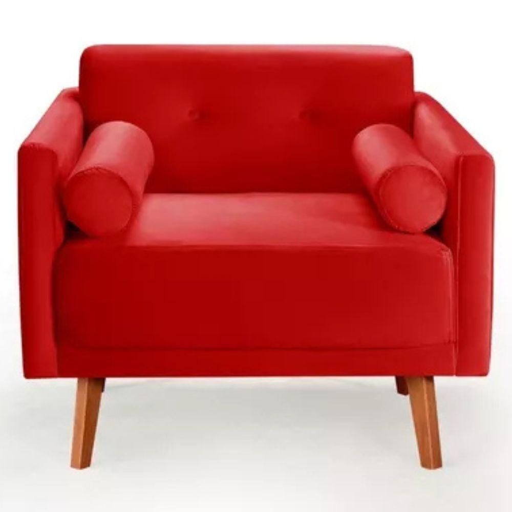Poltrona Decorativa Luma Suede Vermelho com Pés em Madeira