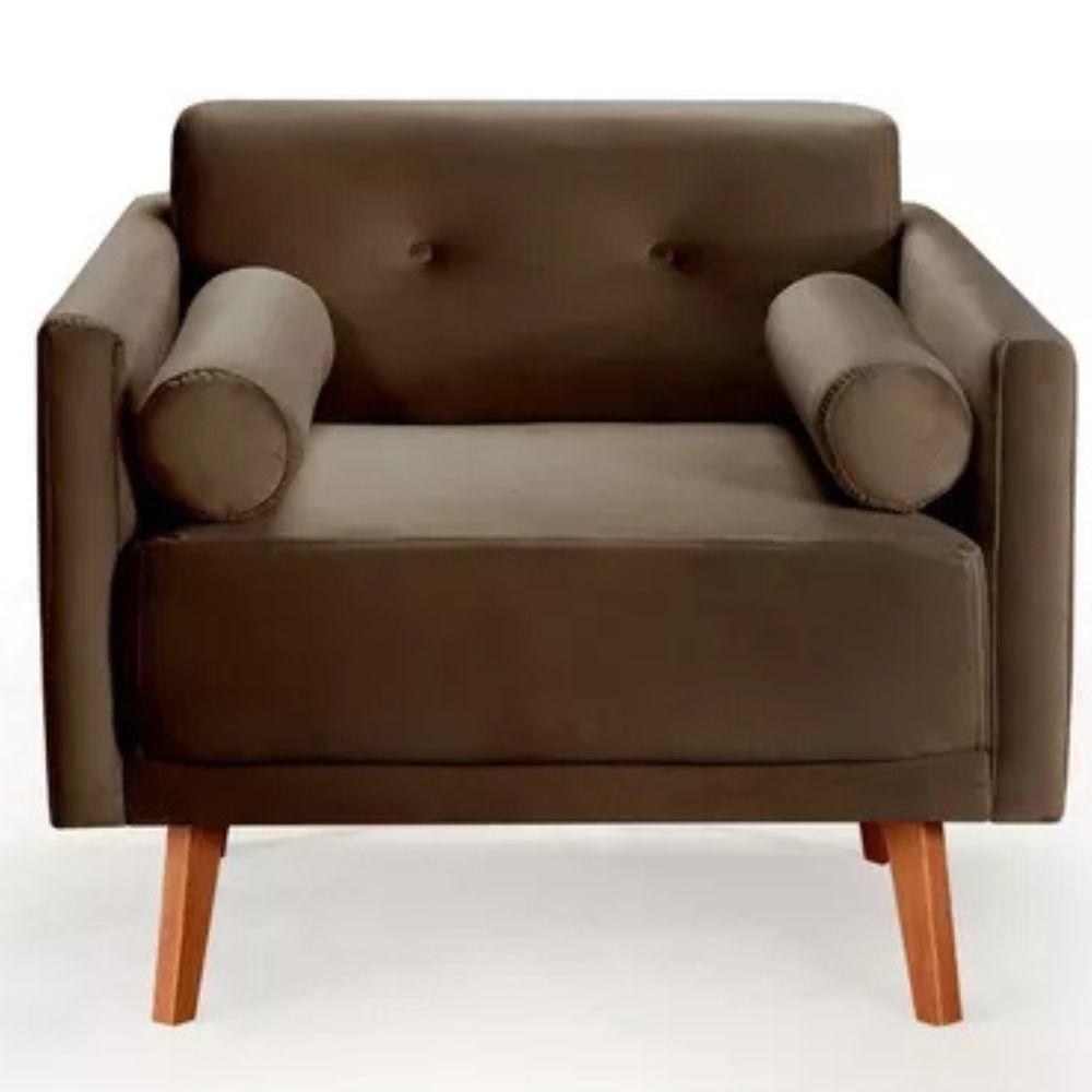 Poltrona Decorativa Luma Veludo Marrom com Pés em Madeira