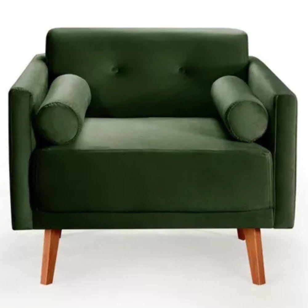 Poltrona Decorativa Luma Veludo Verde com Pés em Madeira