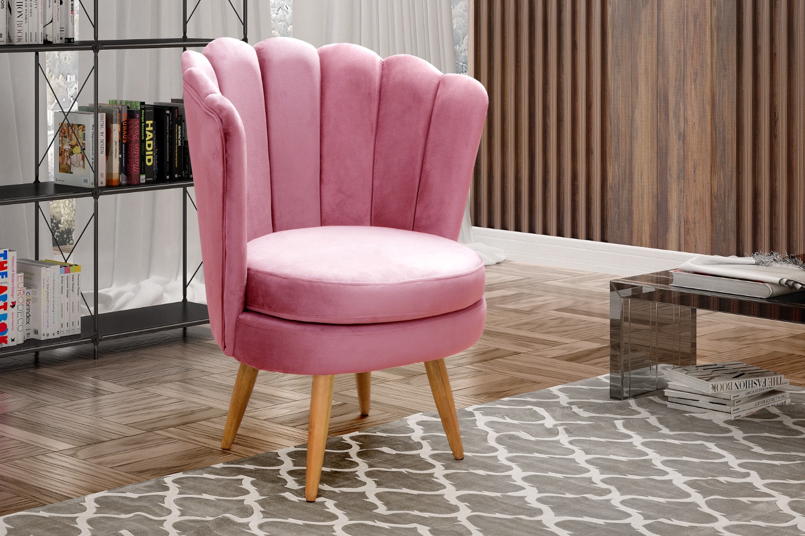 Poltrona Decorativa Pétala Pés Palito - Suede Rosa