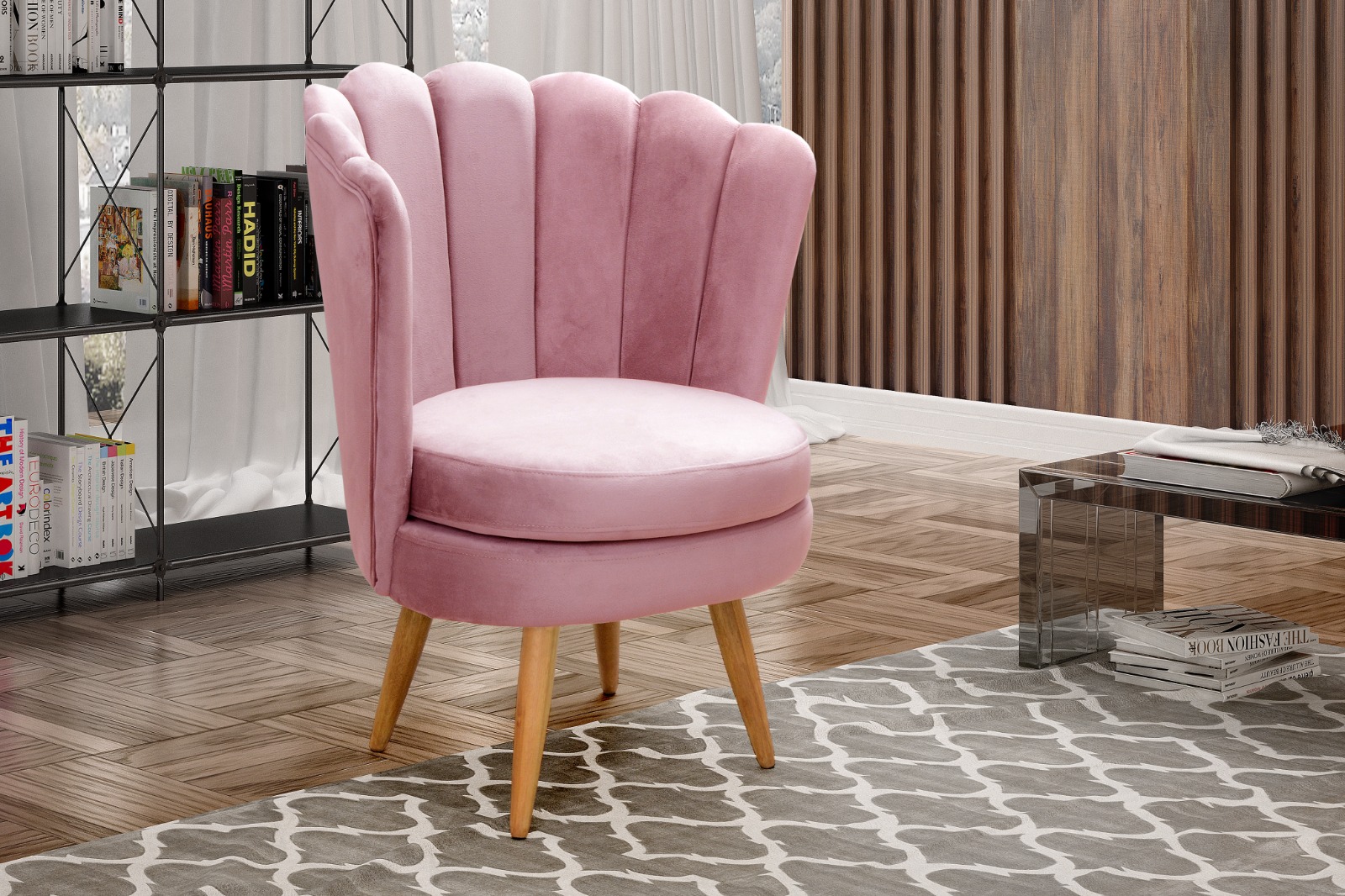 Poltrona Decorativa Pétala Pés Palito - Veludo Rosê