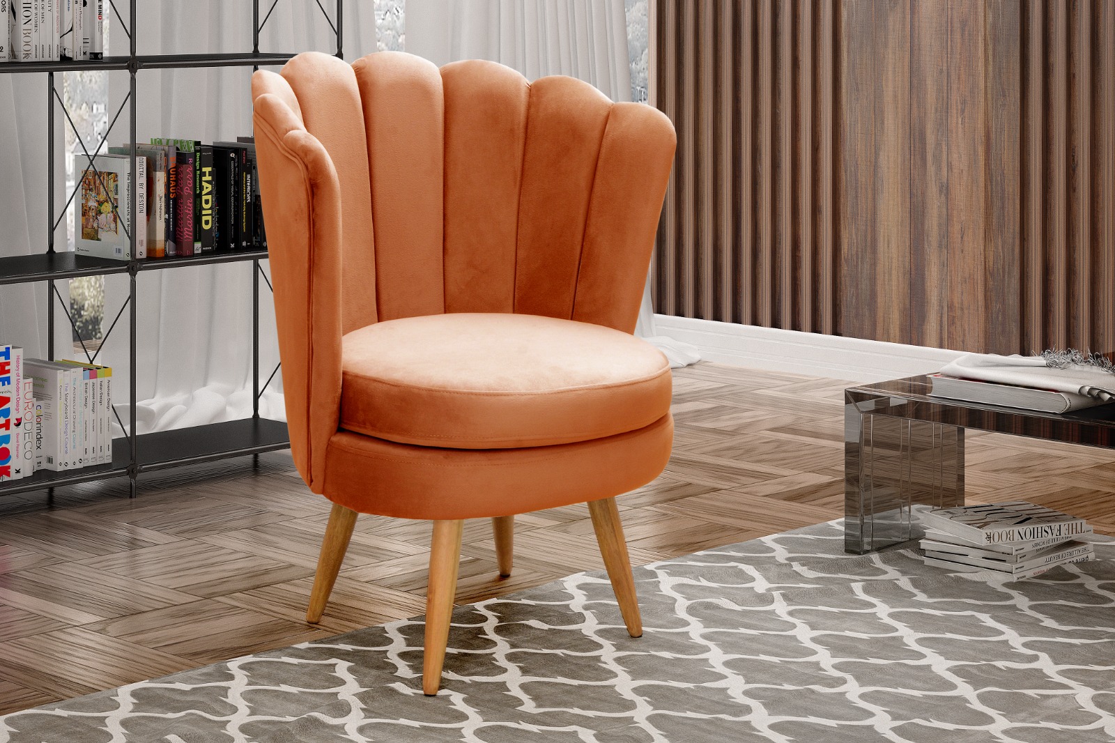 Poltrona Decorativa Pétala Pés Palito - Veludo Terracota