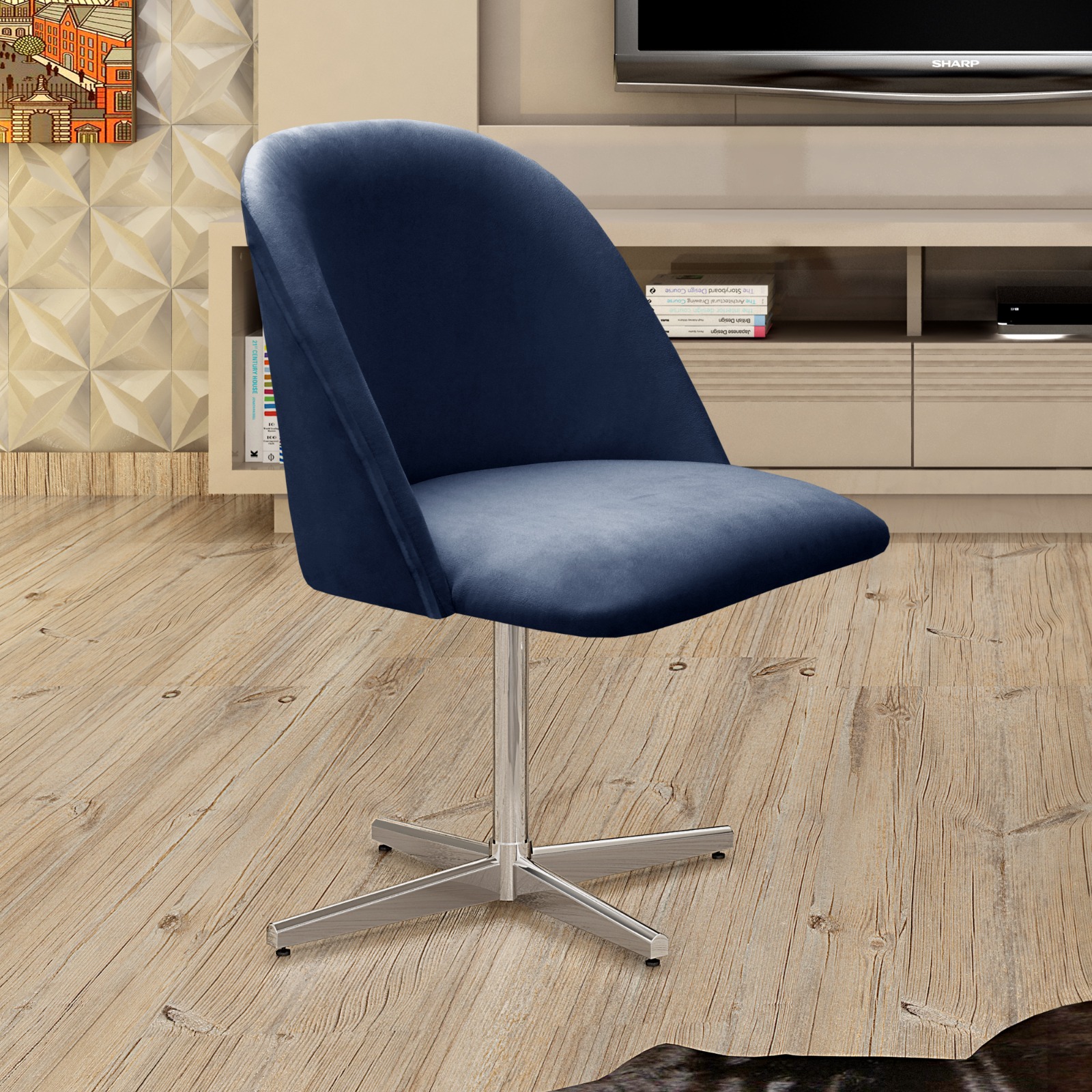 Poltrona Gaia Base Giratória De Alumínio - Suede Azul