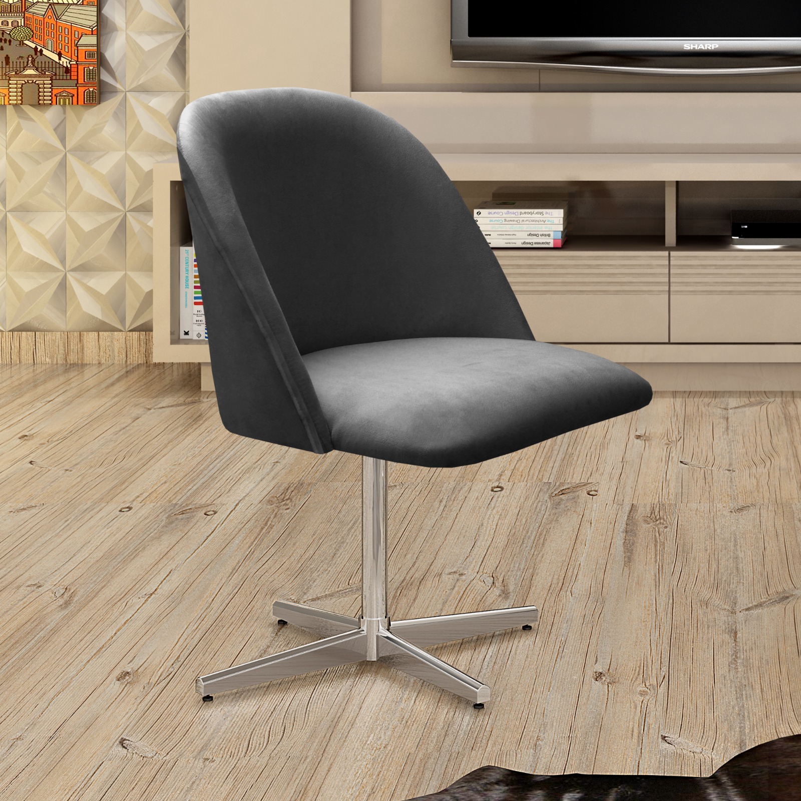 Poltrona Gaia Base Giratória De Alumínio - Suede Cinza