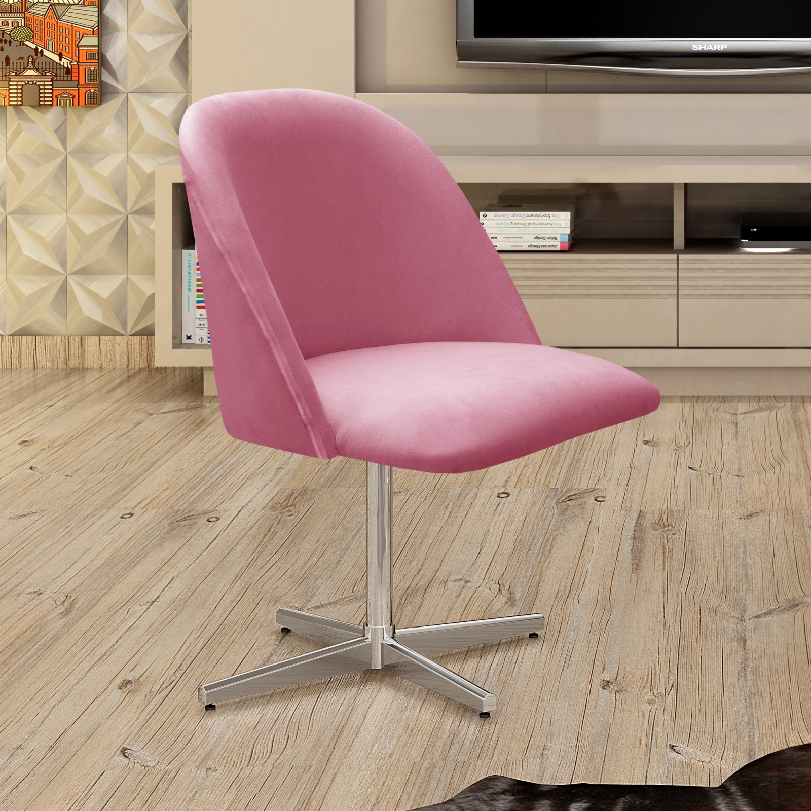 Poltrona Gaia Base Giratória De Alumínio - Suede Rosa