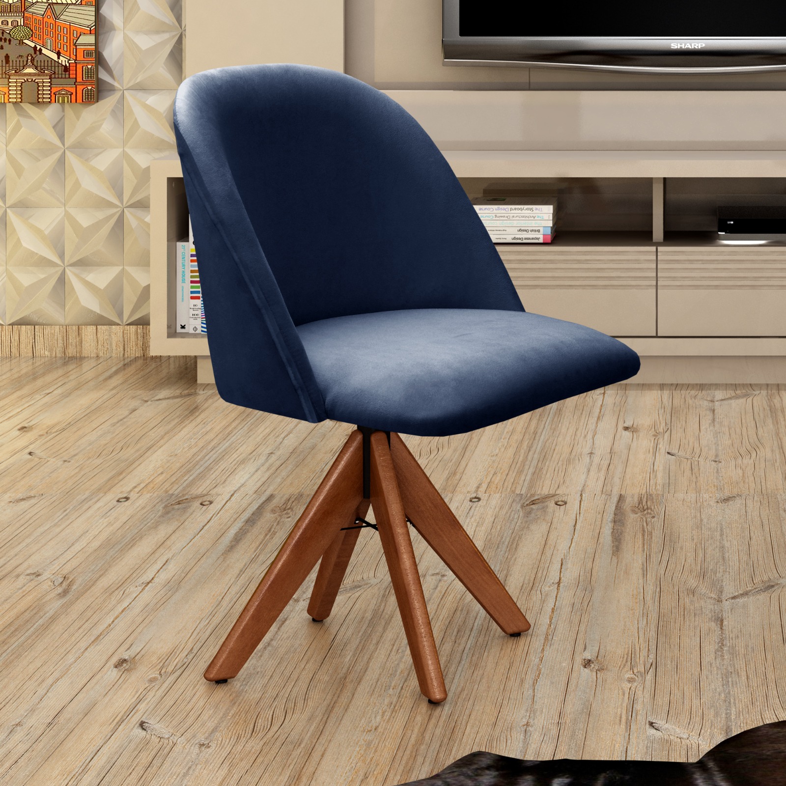 Poltrona Gaia Base Giratória De Madeira - Suede Azul