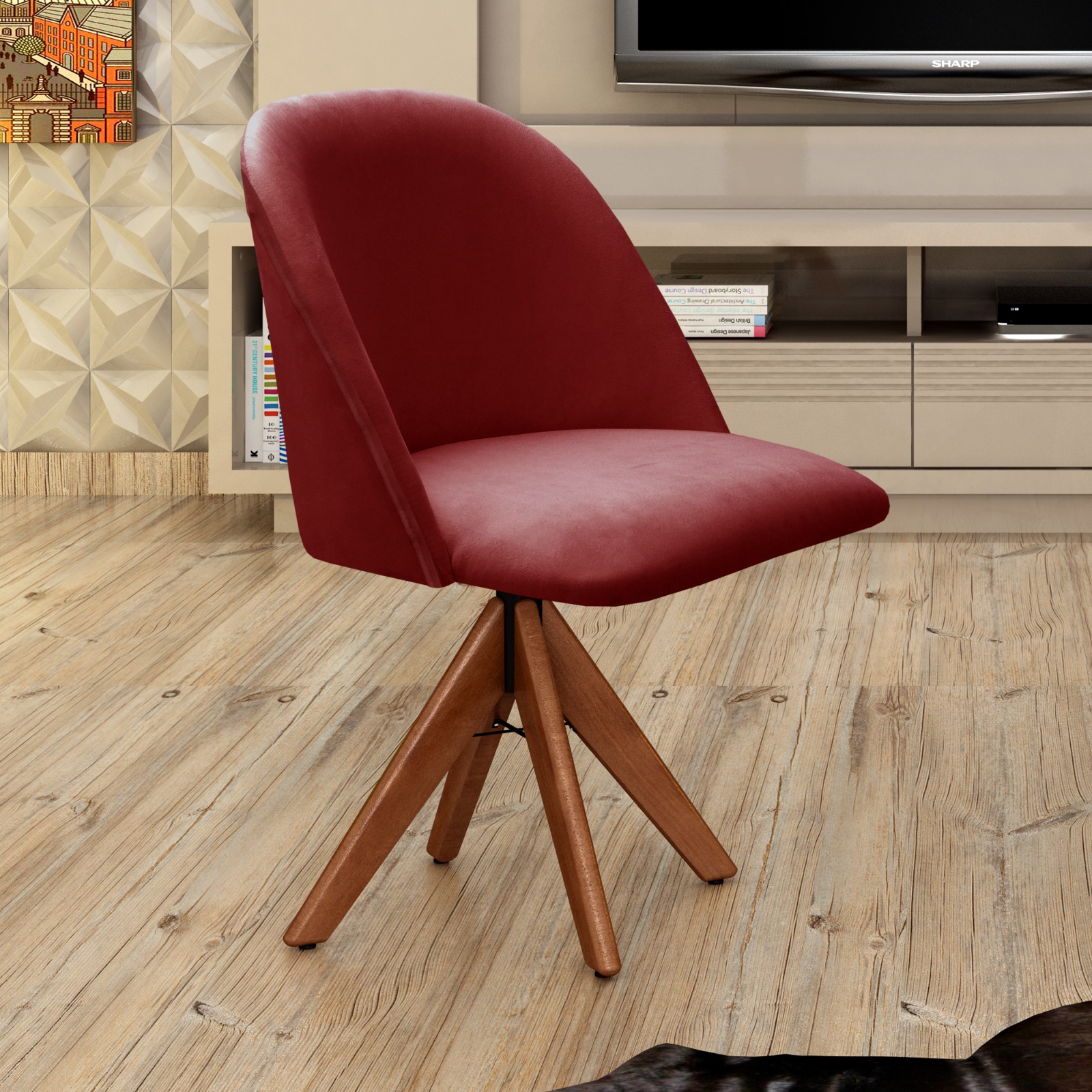 Poltrona Gaia Base Giratória De Madeira - Suede Bordô