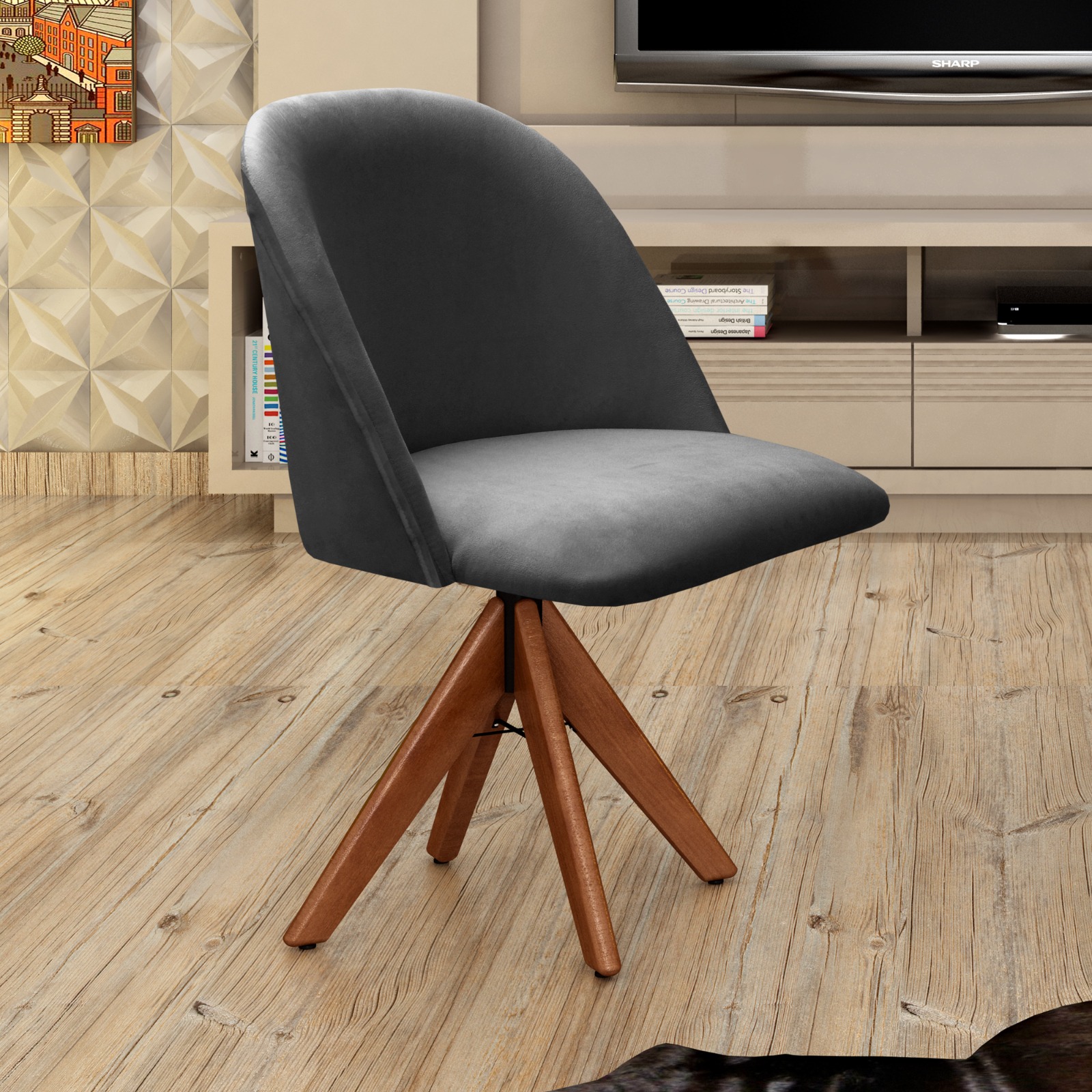 Poltrona Gaia Base Giratória De Madeira - Suede Cinza
