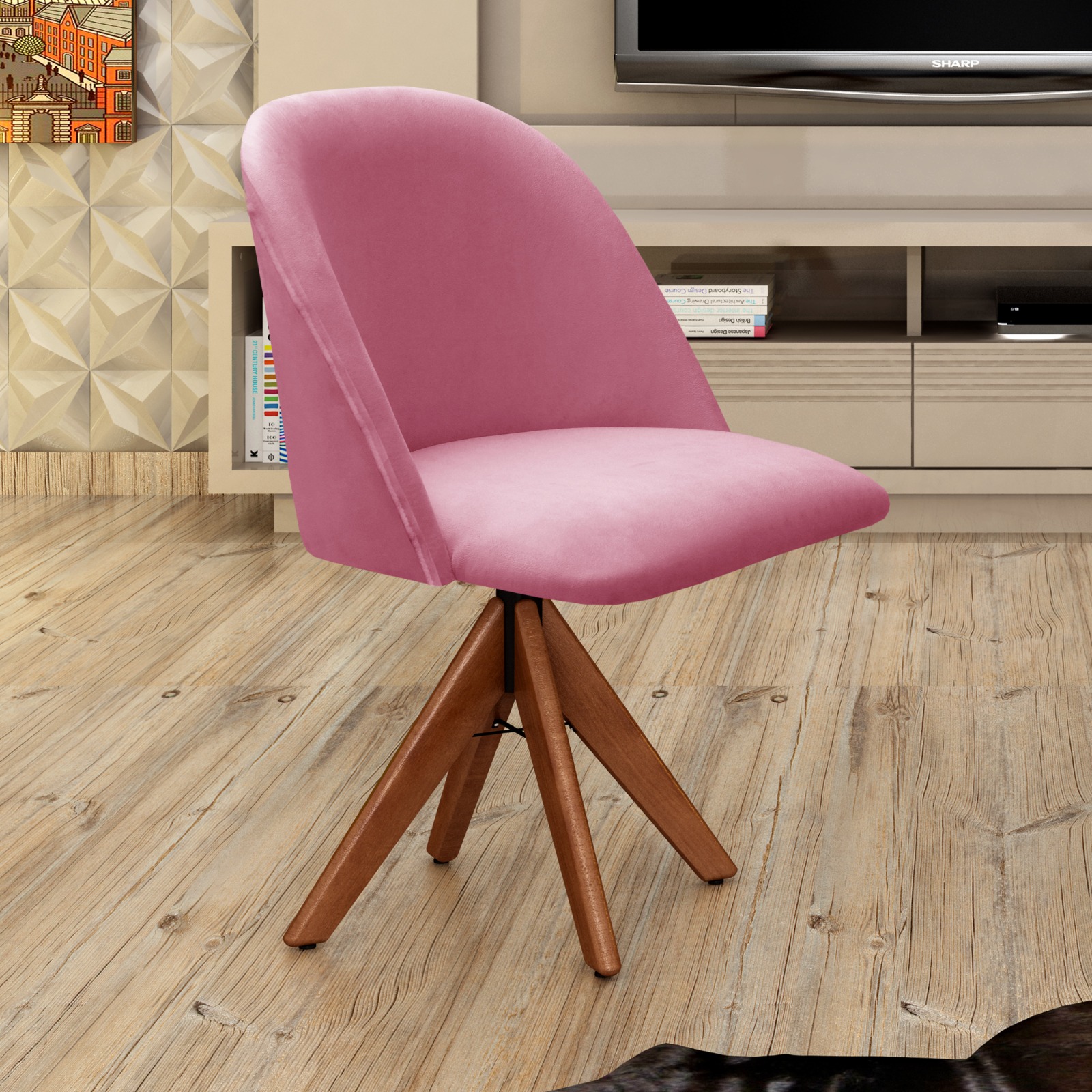Poltrona Gaia Base Giratória De Madeira - Suede Rosa