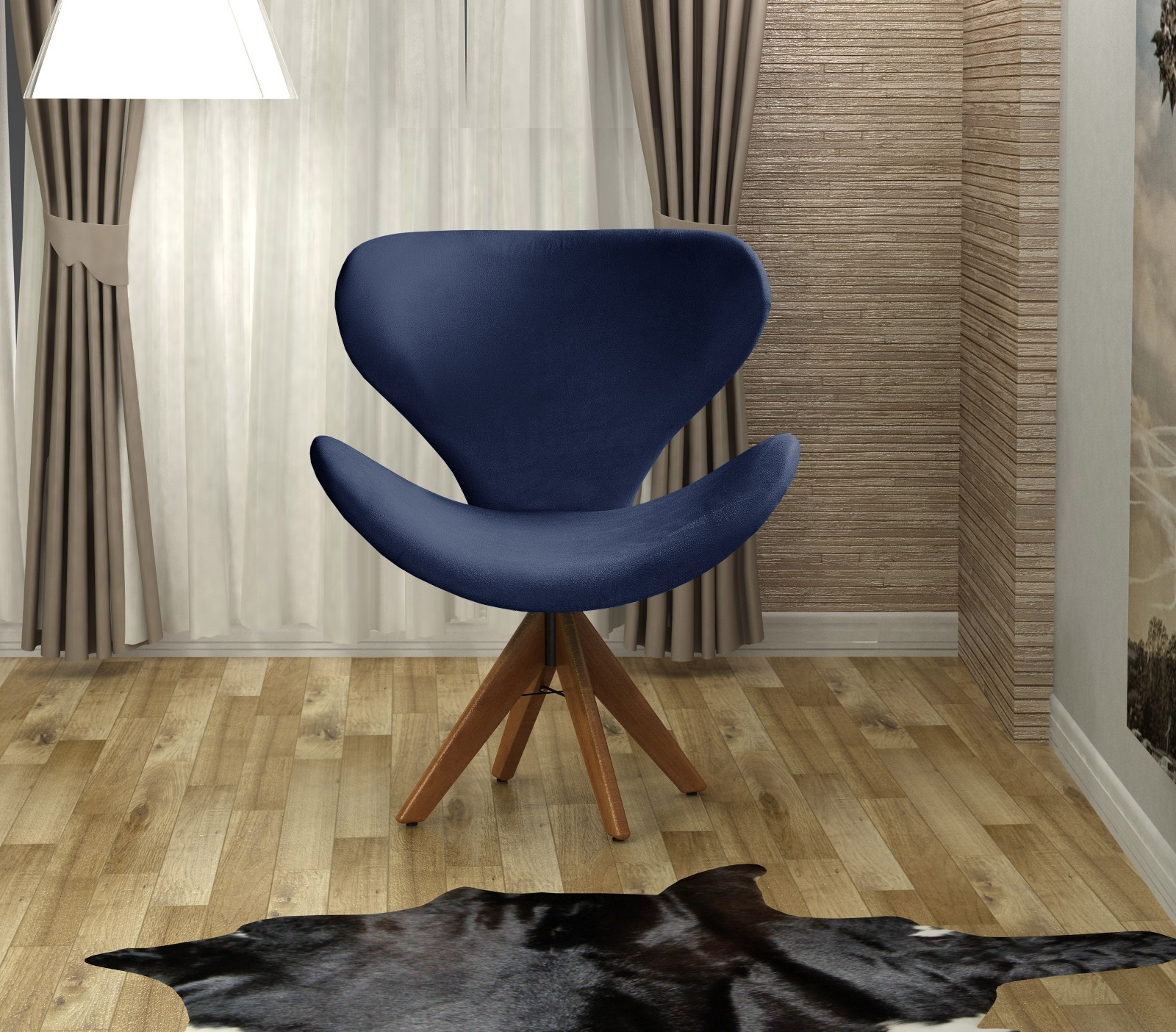 Poltrona Giratória Ísis Base Madeira - Suede Azul