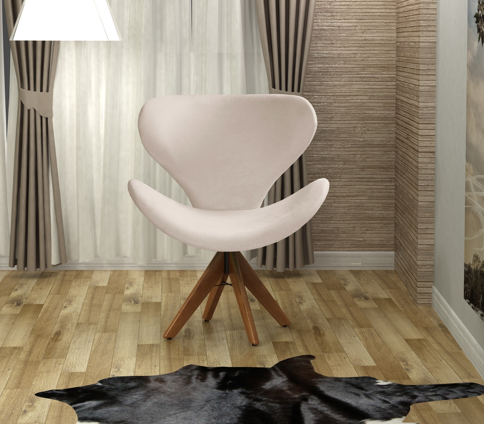 Poltrona Giratória Ísis Base Madeira - Suede Bege