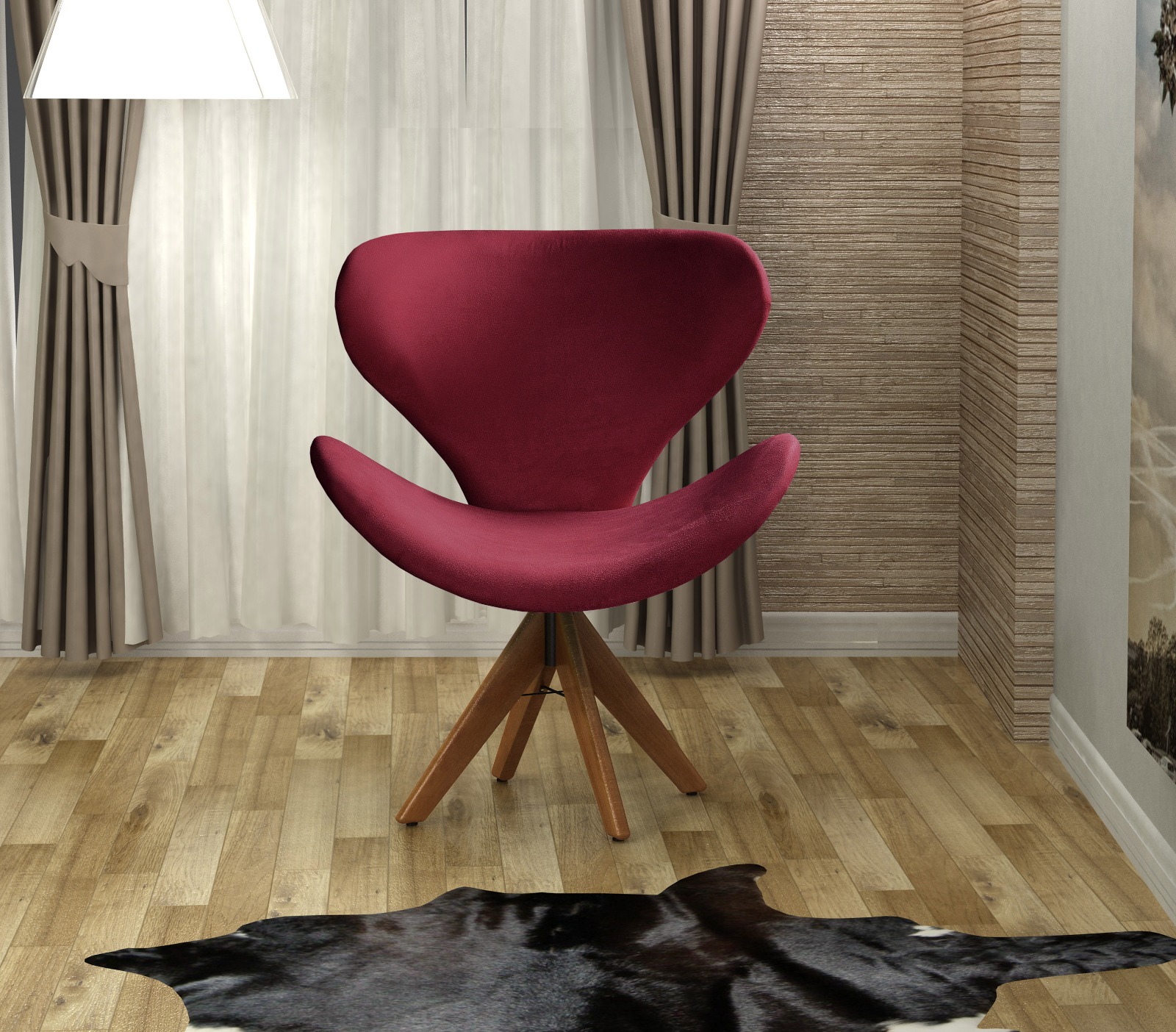 Poltrona Giratória Ísis Base Madeira - Suede Bordô