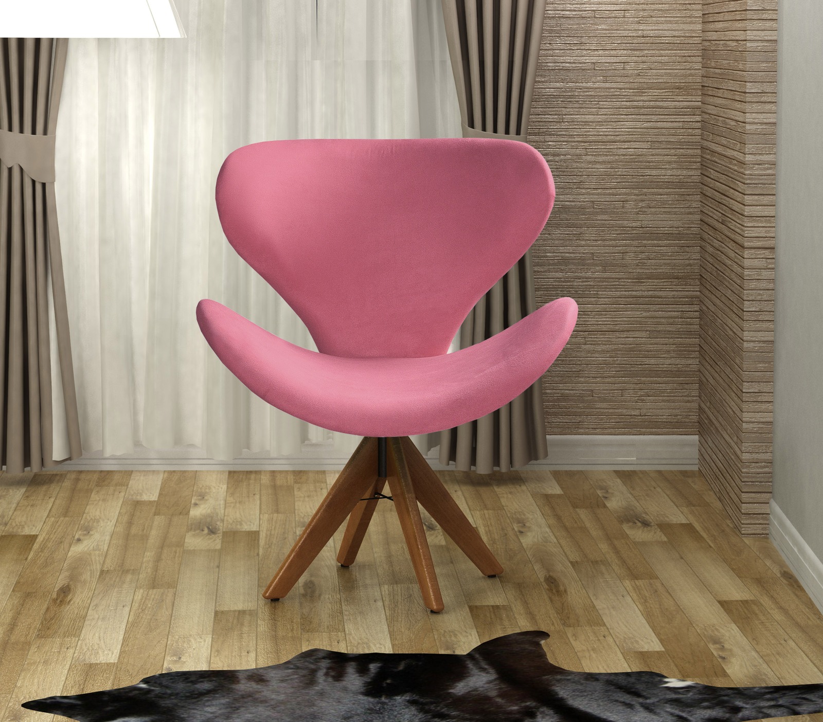 Poltrona Giratória Ísis Base Madeira - Suede Rosa