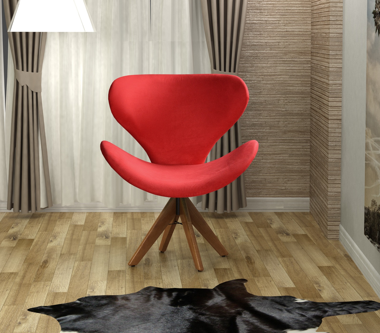 Poltrona Giratória Ísis Base Madeira - Suede Vermelho