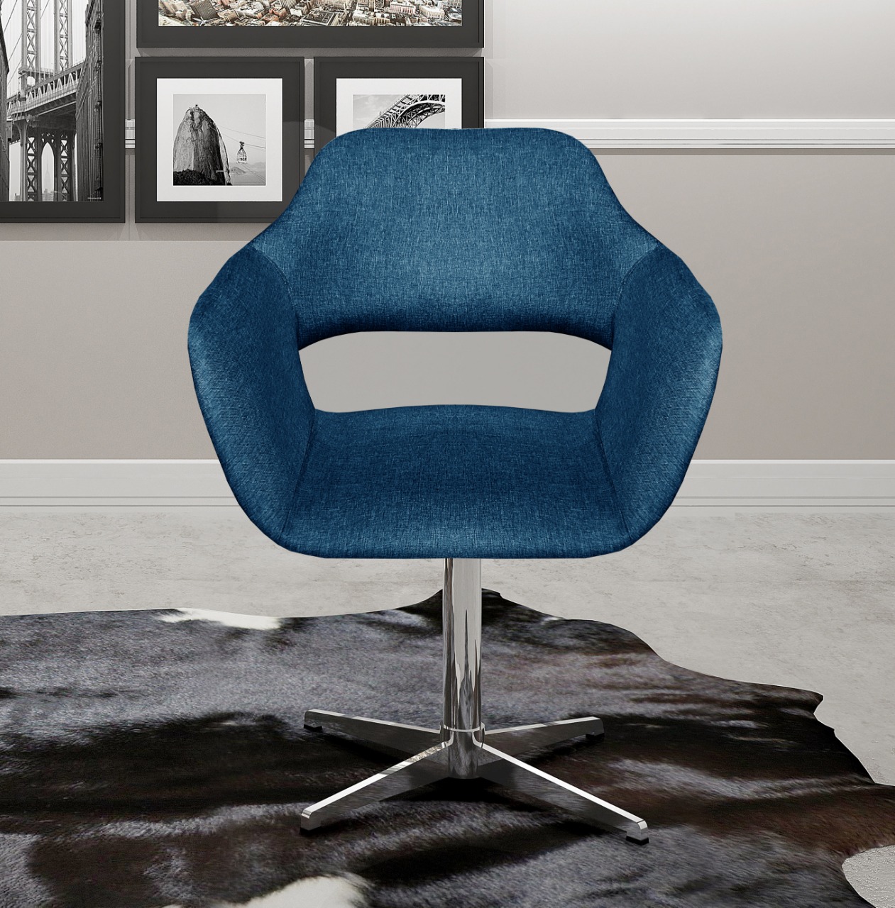 Poltrona Giratória Zara Base Cromada - Linho Azul