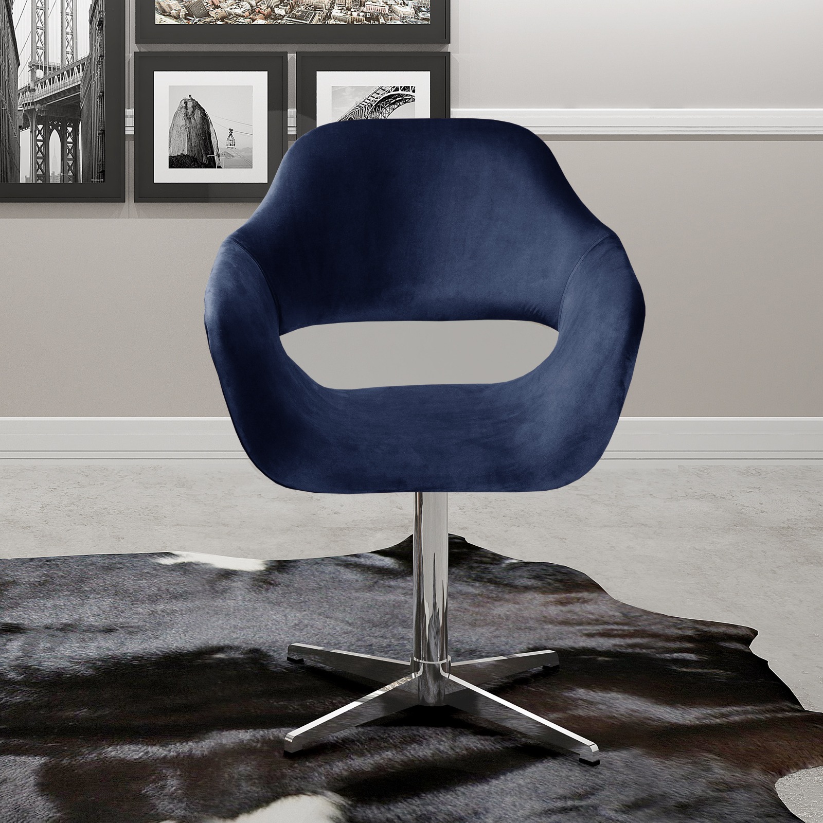 Poltrona Giratória Zara Base Cromada - Suede Azul