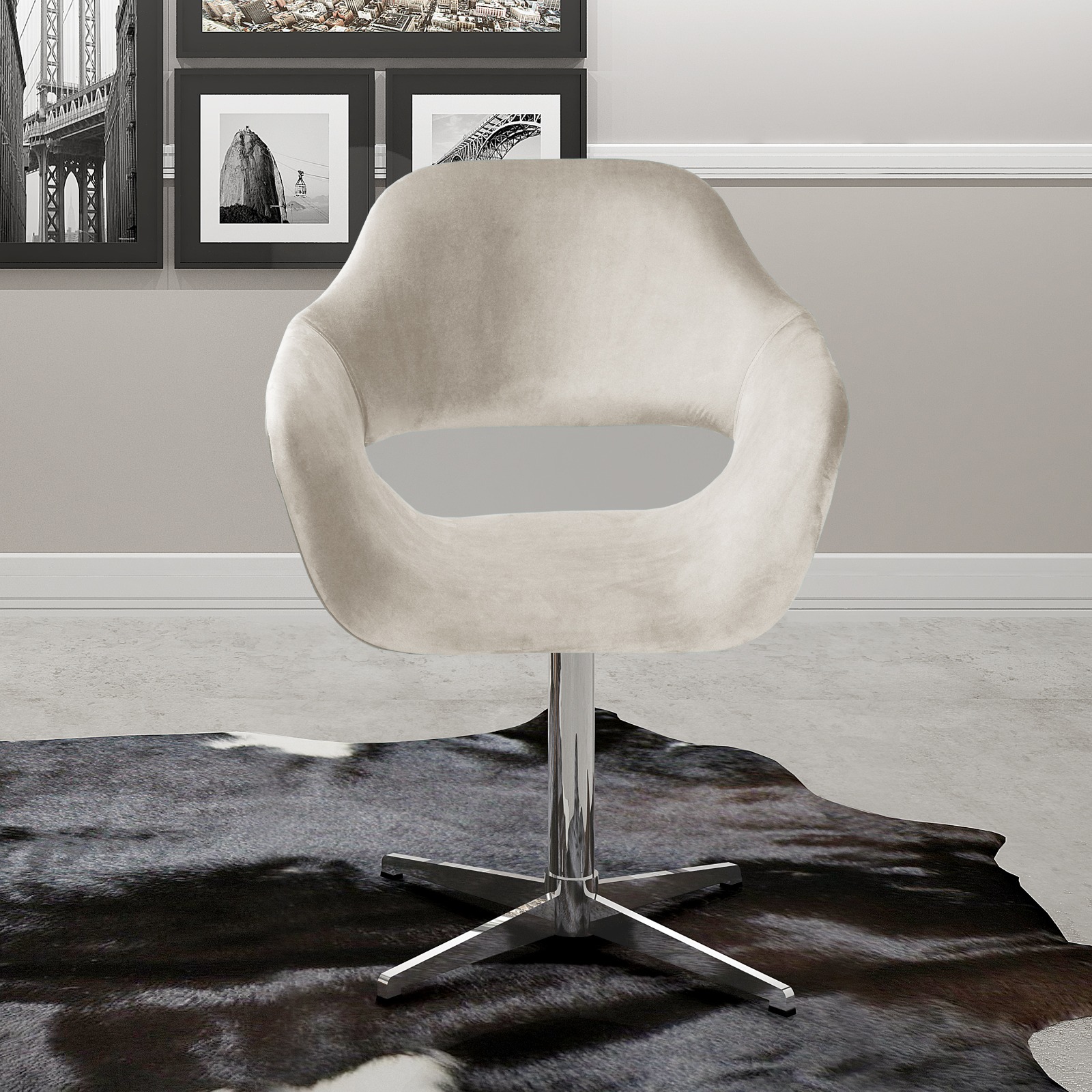 Poltrona Giratória Zara Base Cromada - Suede Bege