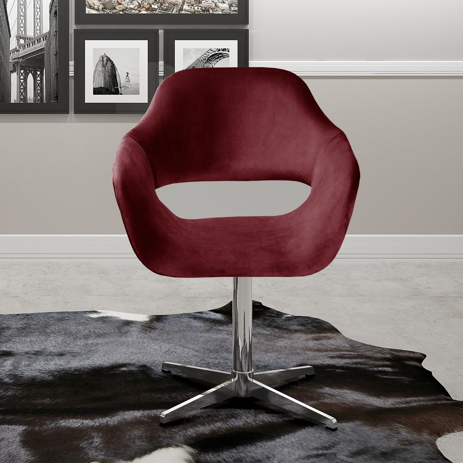 Poltrona Giratória Zara Base Cromada - Suede Bordô