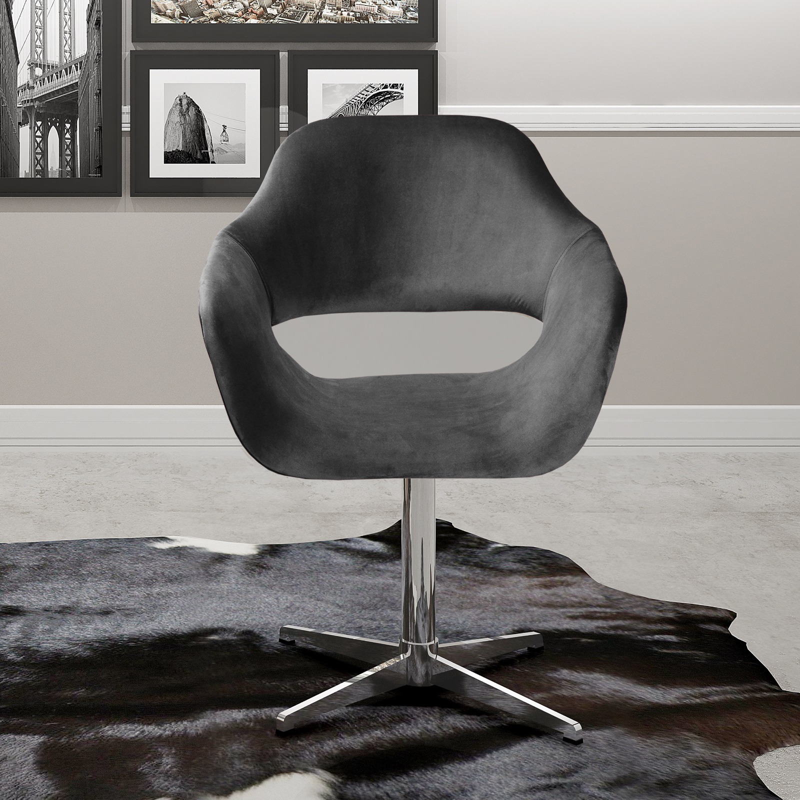 Poltrona Giratória Zara Base Cromada - Suede Cinza Grafite