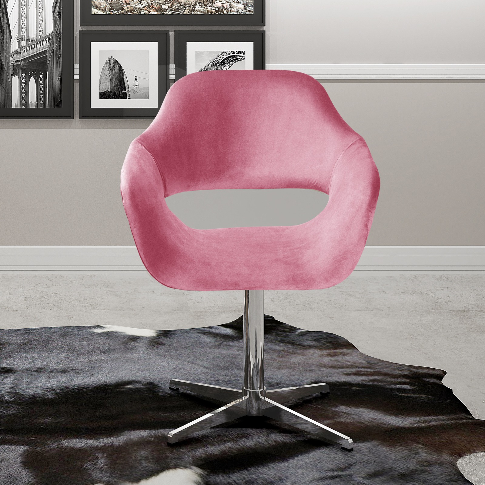 Poltrona Giratória Zara Base Cromada - Suede Rosa